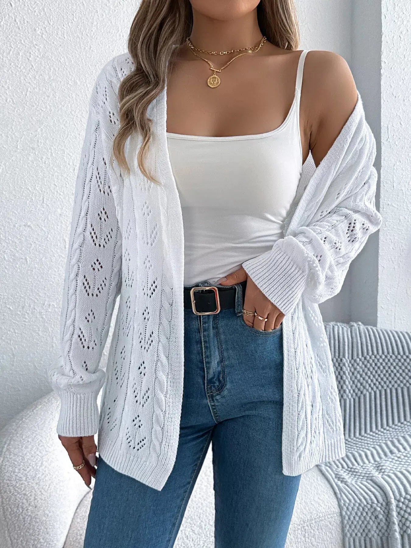 Openwork Open Front Long Sleeve Cardigan - Be Bliss Boutique