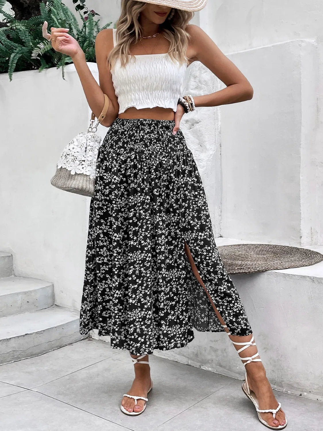 Slit Smocked High Waist Floral Midi Skirt - Be Bliss Boutique