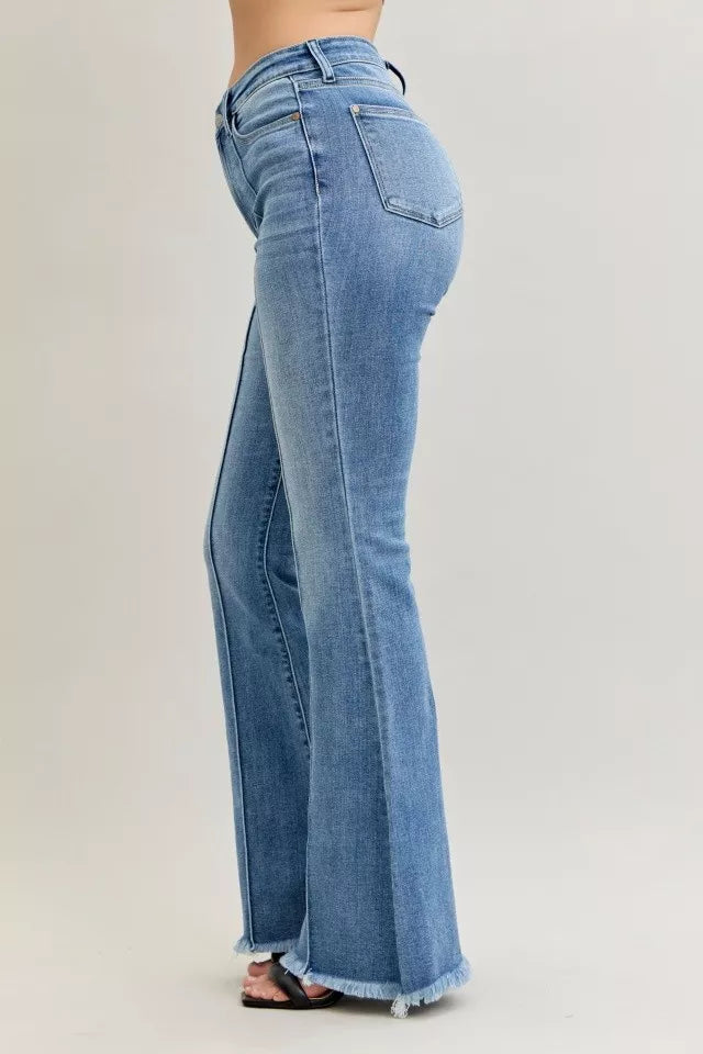 Judy Blue Jeans - High Waist Flare Fray Hem Jeans with Front Pintuck Detail - Be Bliss Boutique
