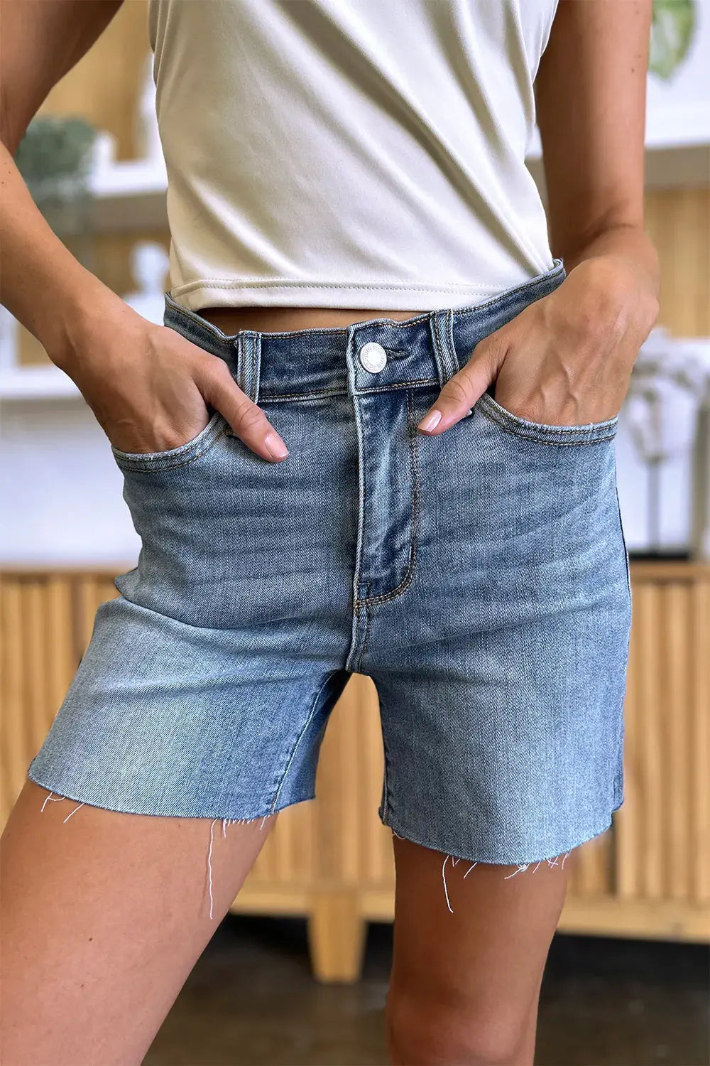 Judy Blue Jeans - Full Size High Waist Raw Hem Denim Shorts - Be Bliss Boutique