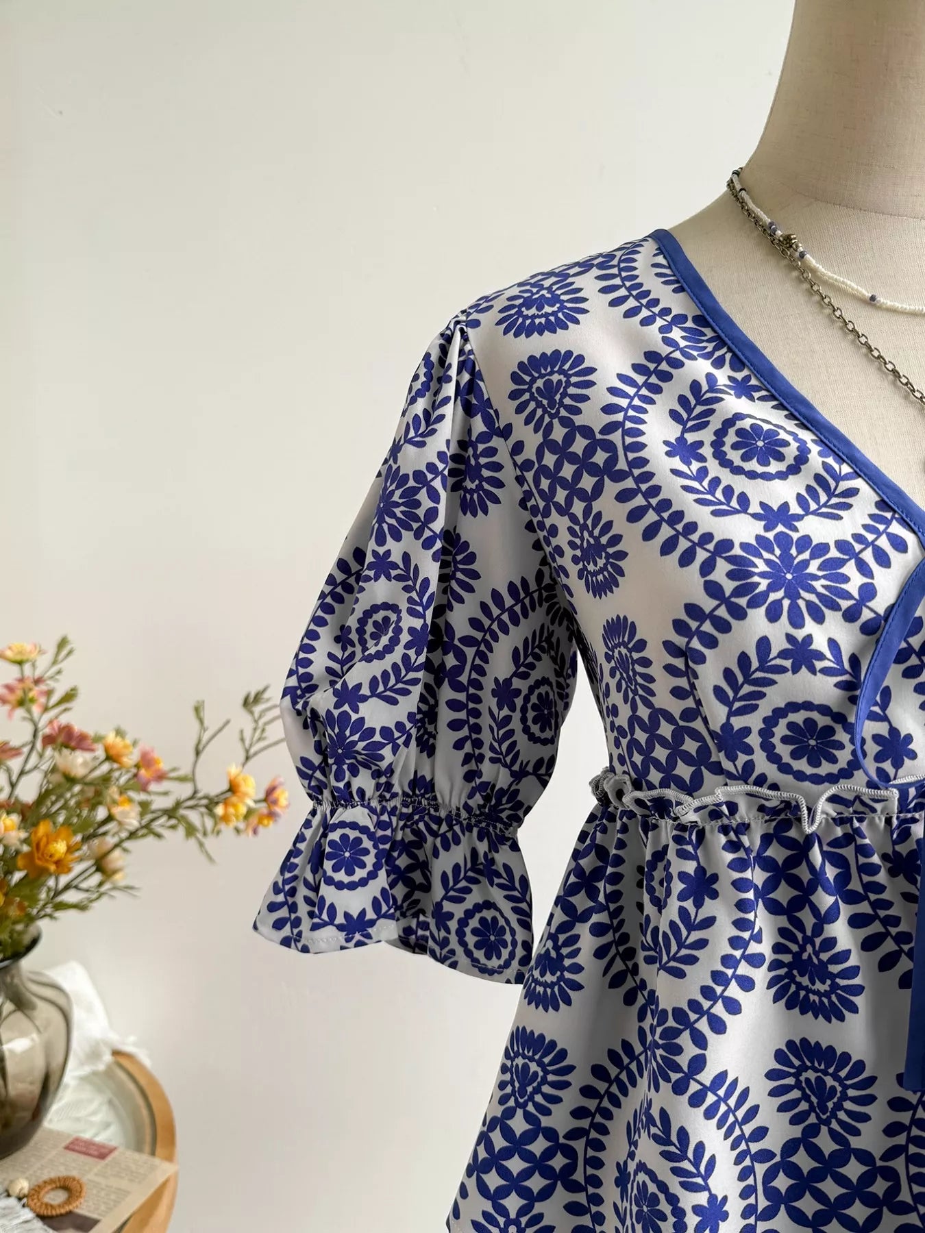 Navy Floral Tie Front Blouse - Be Bliss Boutique