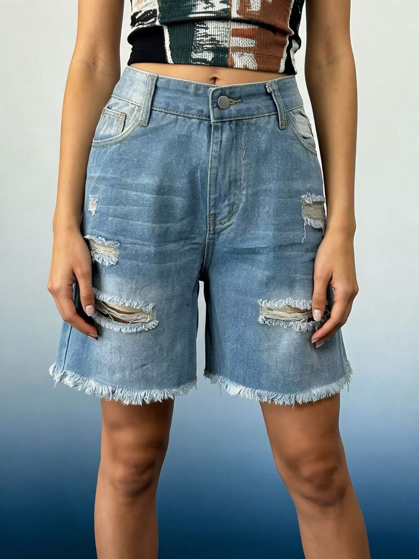 Plus Size Ripped Frayed Hem Denim Shorts - Be Bliss Boutique