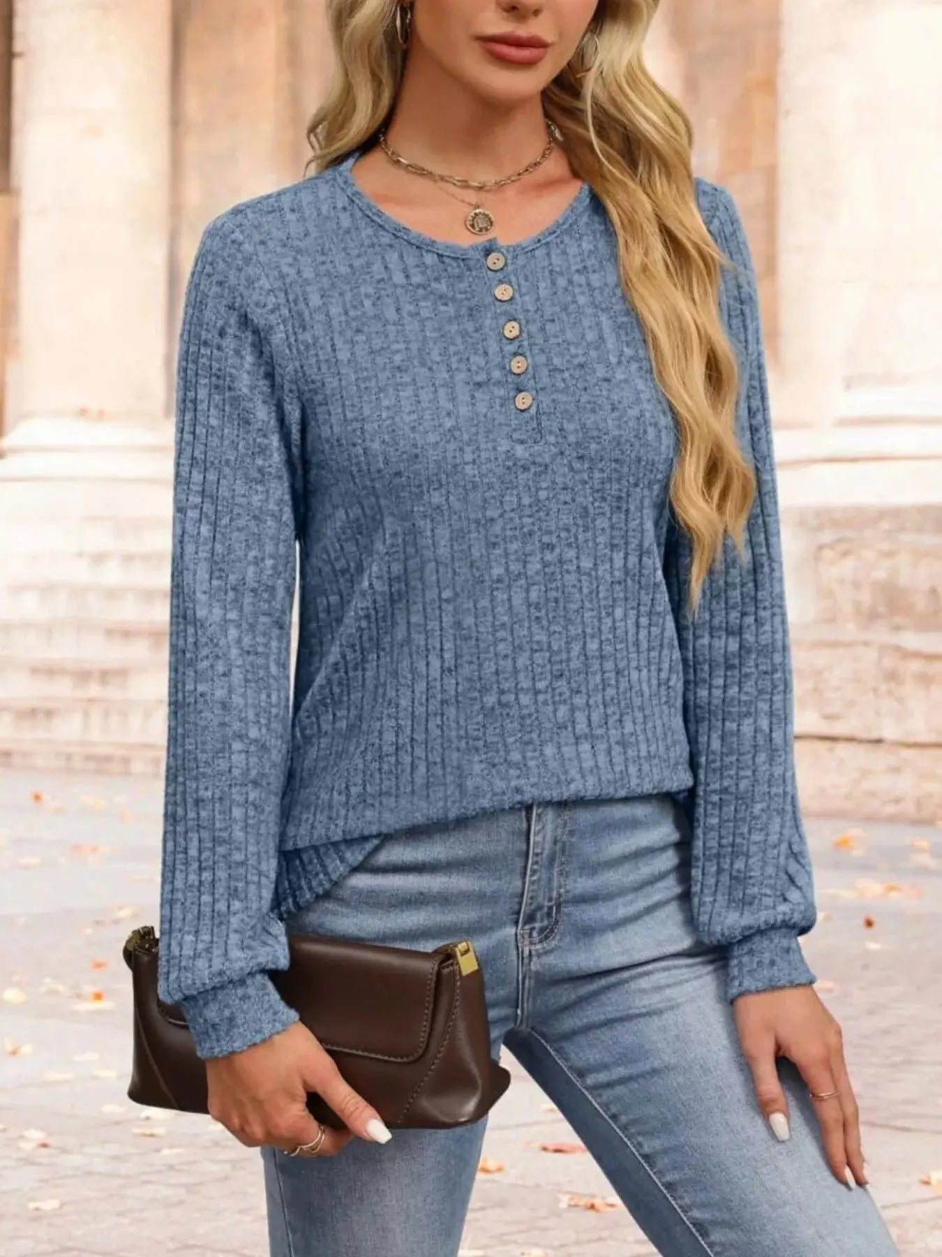 Ribbed Knit Button Front Long Sleeve T Shirt - Be Bliss Boutique