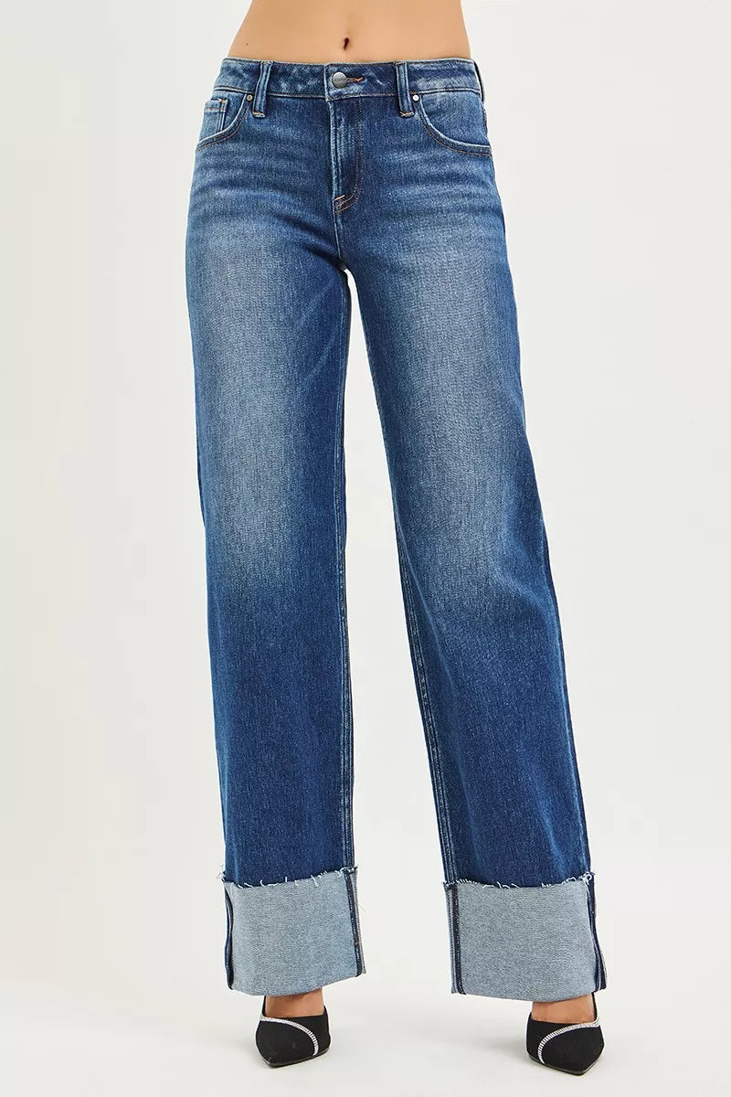 RISEN Jeans - Mid Rise Wide Straight Jeans With Wide Cuff - Be Bliss Boutique