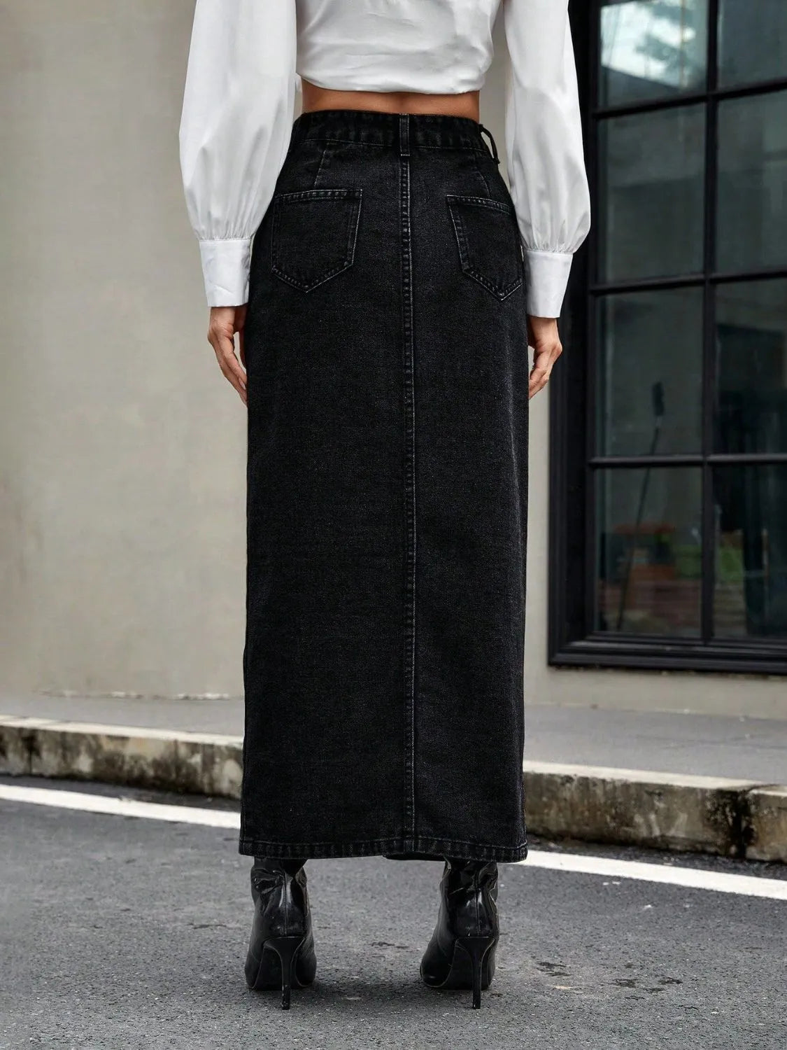 Black Button Front Denim Maxi Skirt with Slit - Be Bliss Boutique