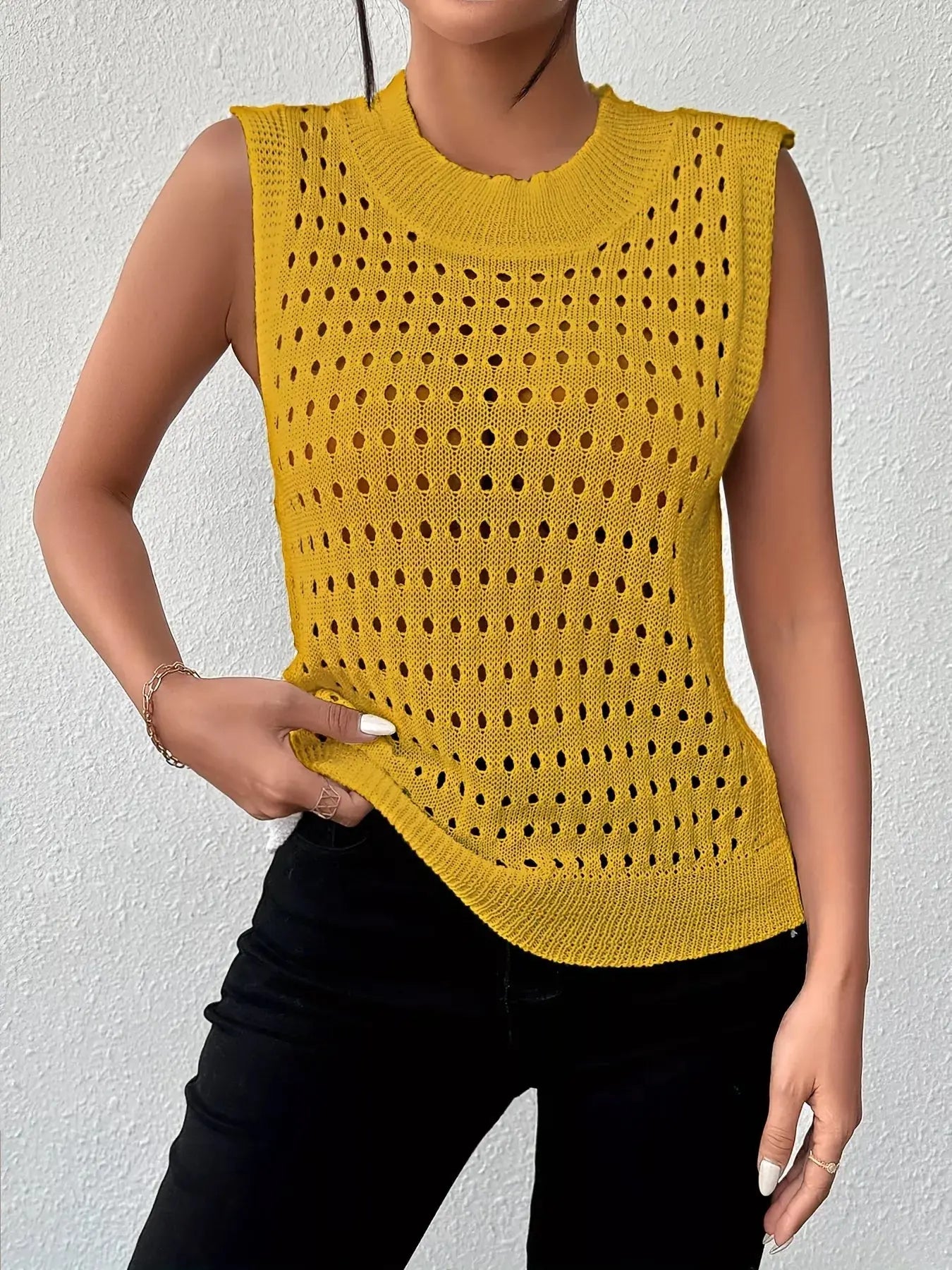 Hollow Out Round Neck Knit Sweater Tank - Be Bliss Boutique