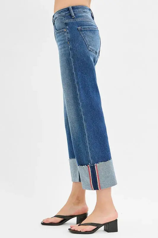 Full Size/Plus Size Tummy Control Mid Rise Crop Wide Cuffed RISEN Jeans - Be Bliss Boutique