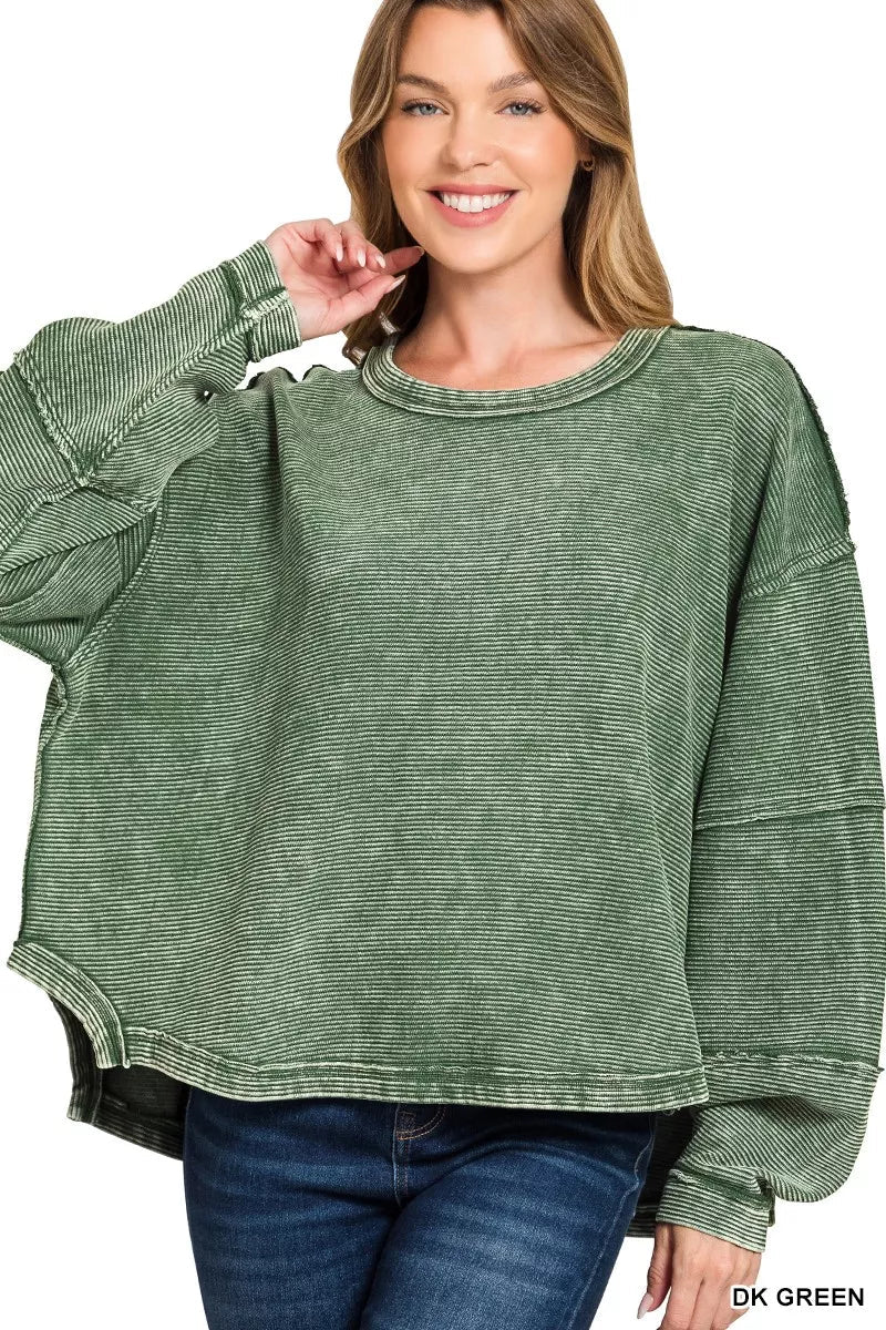 Zenana Acid Washed Exposed-Seam Sweatshirt -  Be Bliss Boutique