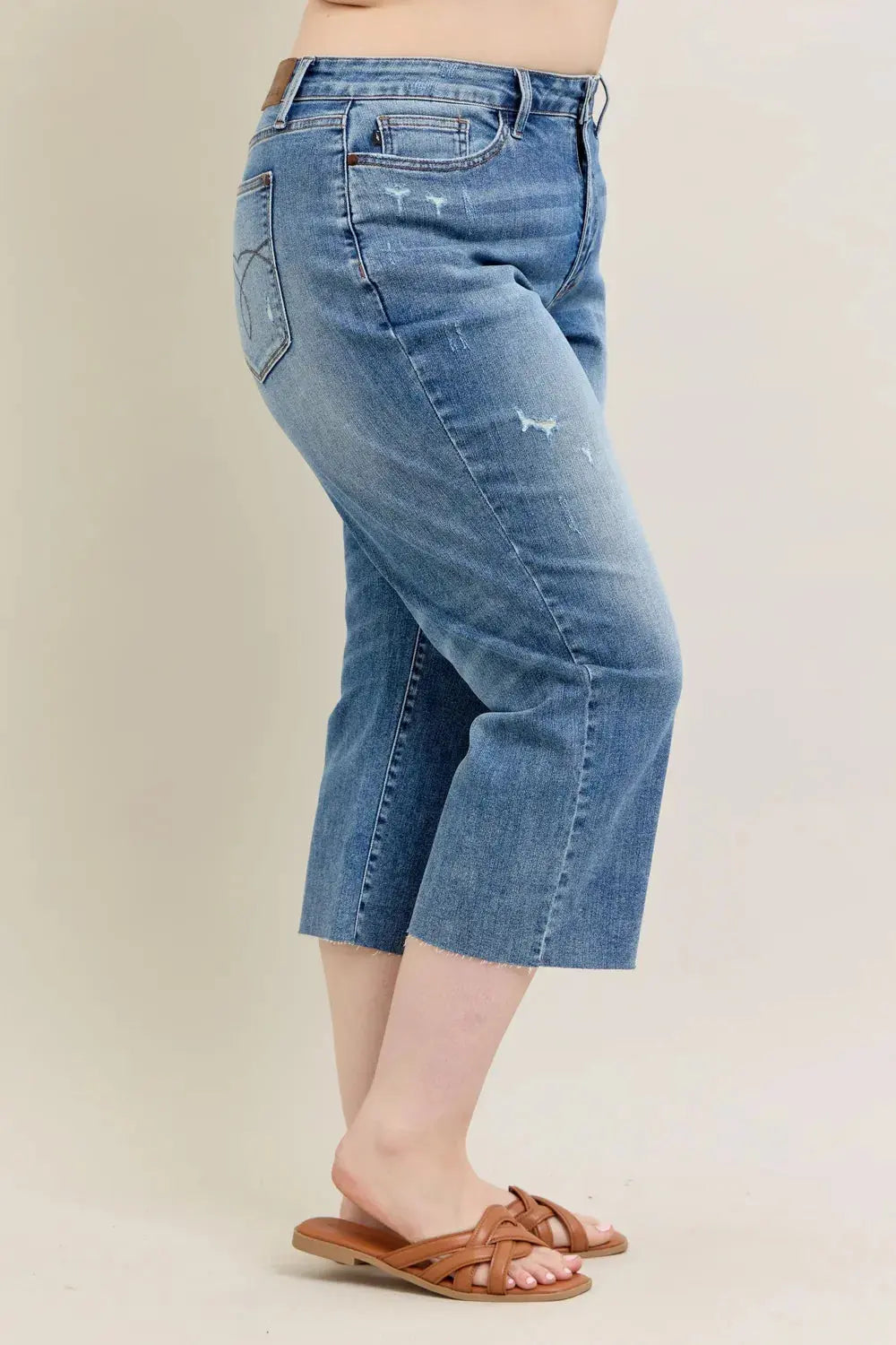 Plus Size High Waist Back Destroy & Raw Cut Hem Crop Wide Leg Judy Blue Jeans - Be Bliss Boutique