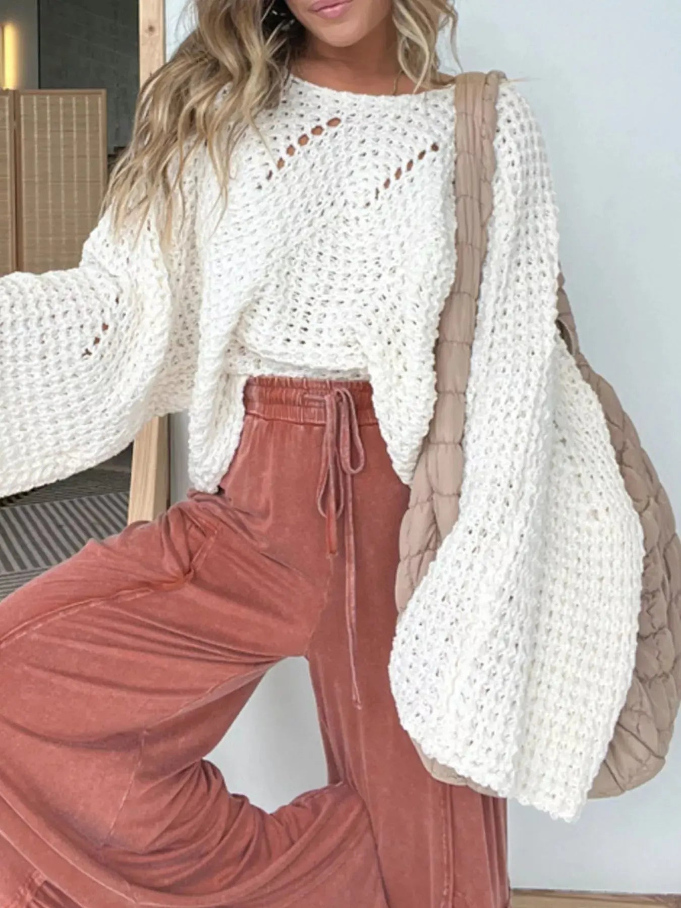 Openwork Batwing Sleeve Sweater - Be Bliss Boutique