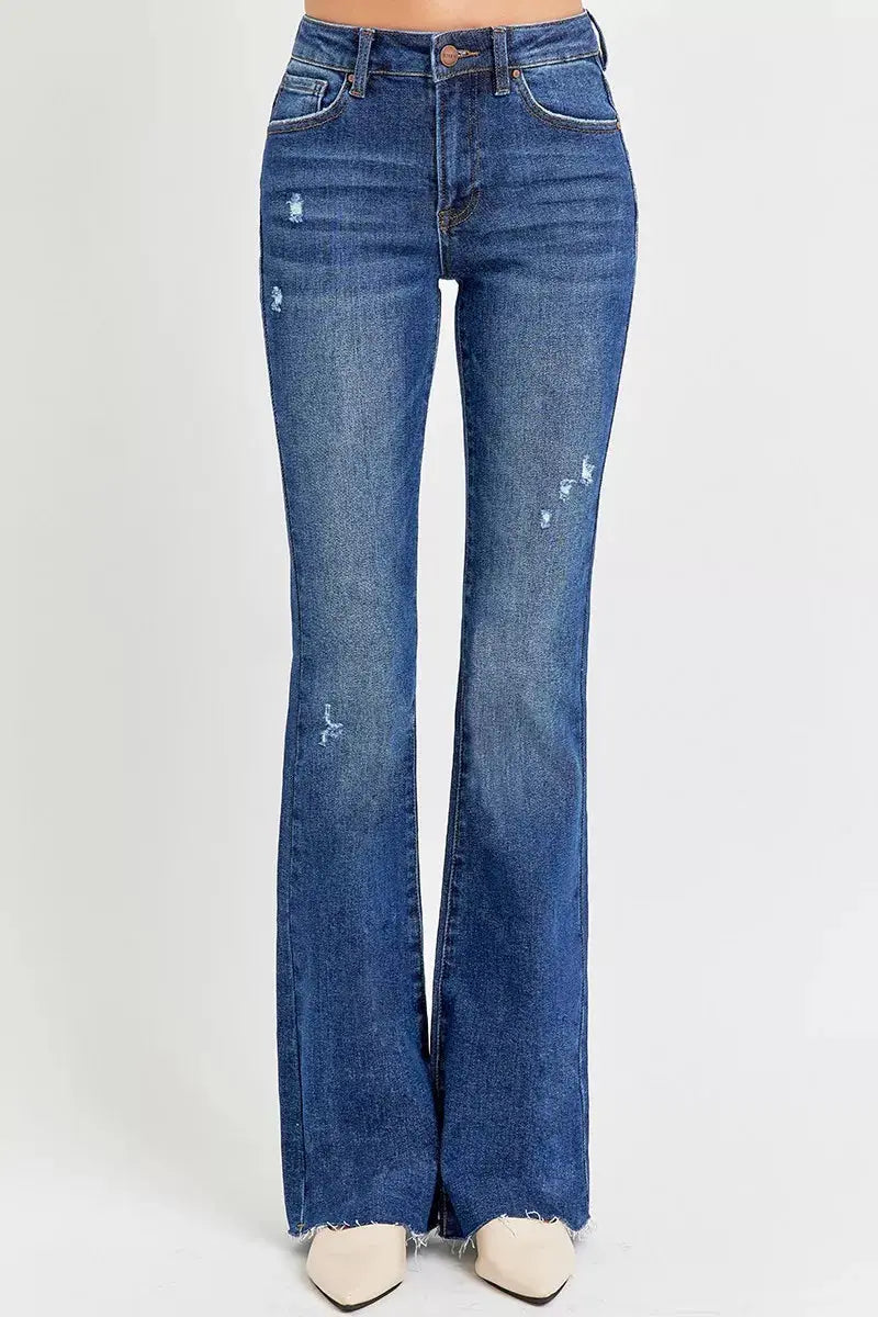 RISEN Jeans - Plus Size Distressed Mid Rise Flare Jeans - Be Bliss Boutique