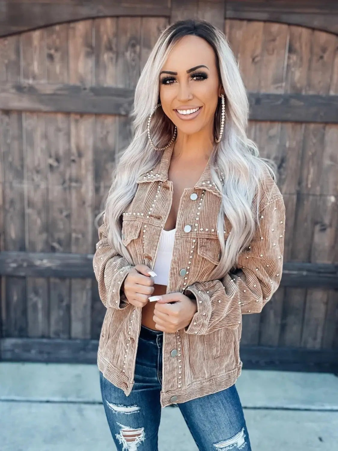 Studded Collared Neck Button Down Jacket - Be Bliss Boutique