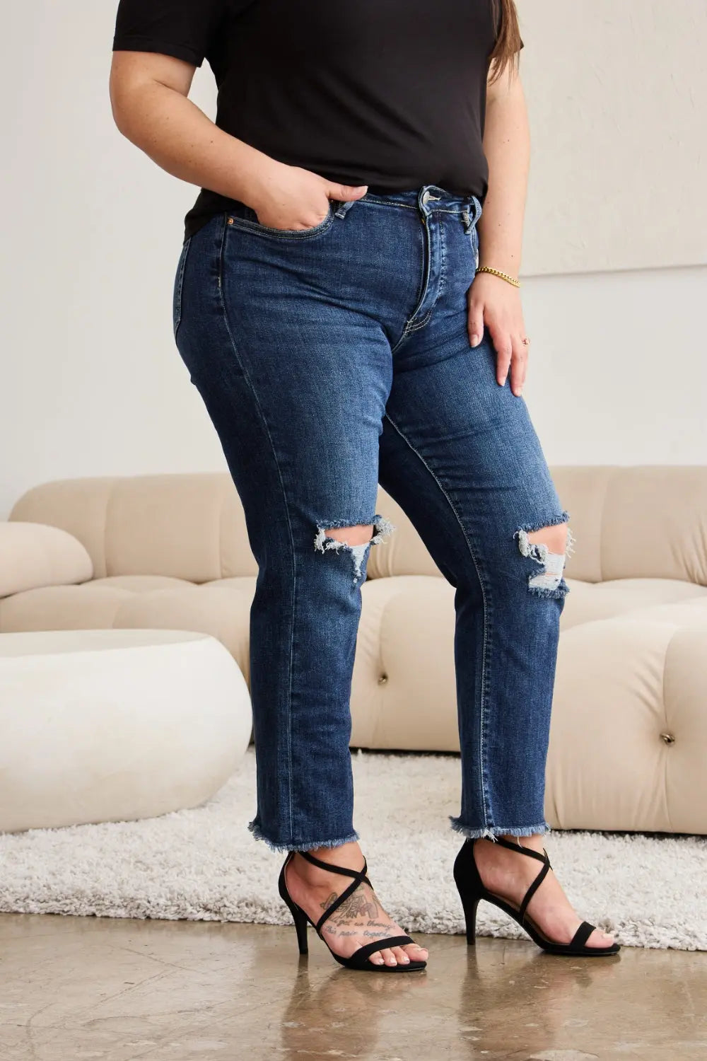 Full Size Tummy Control Distressed High Waist Raw Hem Jeans - Be Bliss Boutique