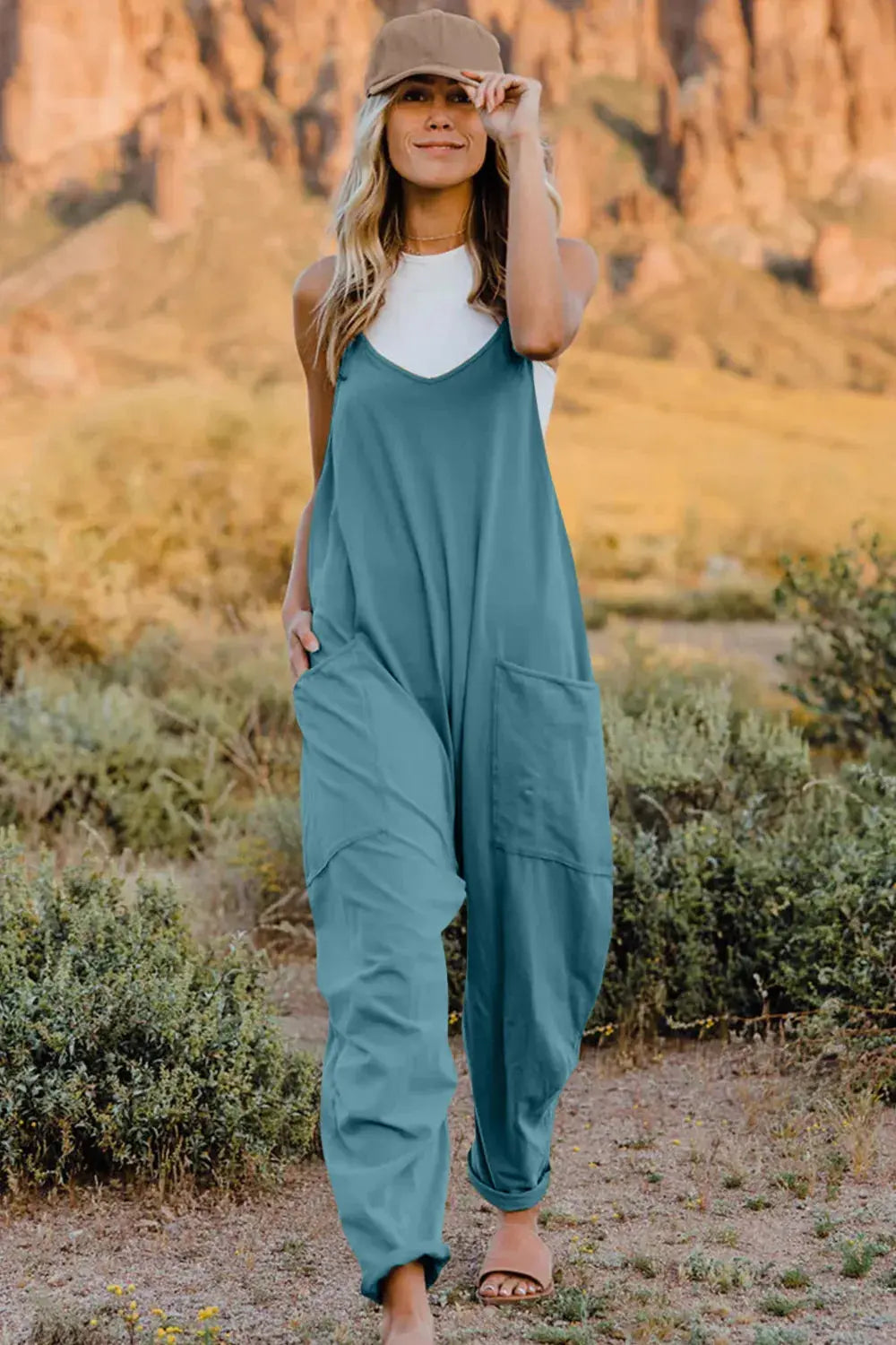 Double Take Full Size V-Neck Sleeveless Jumpsuit with Pockets - Be Bliss Boutique