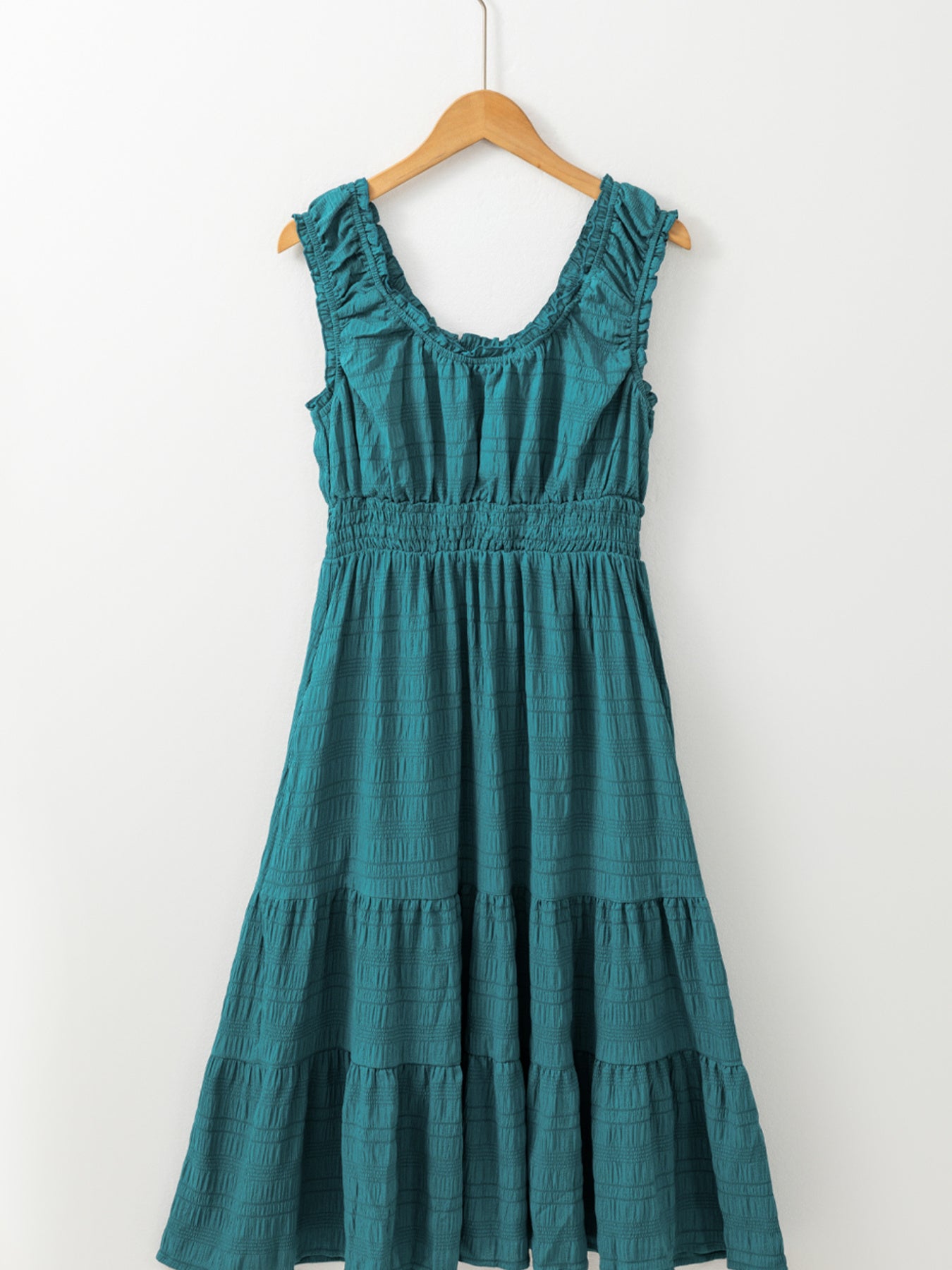 Shirred Pleated Square Neck Sleeveless Midi Dress - Be Bliss Boutique