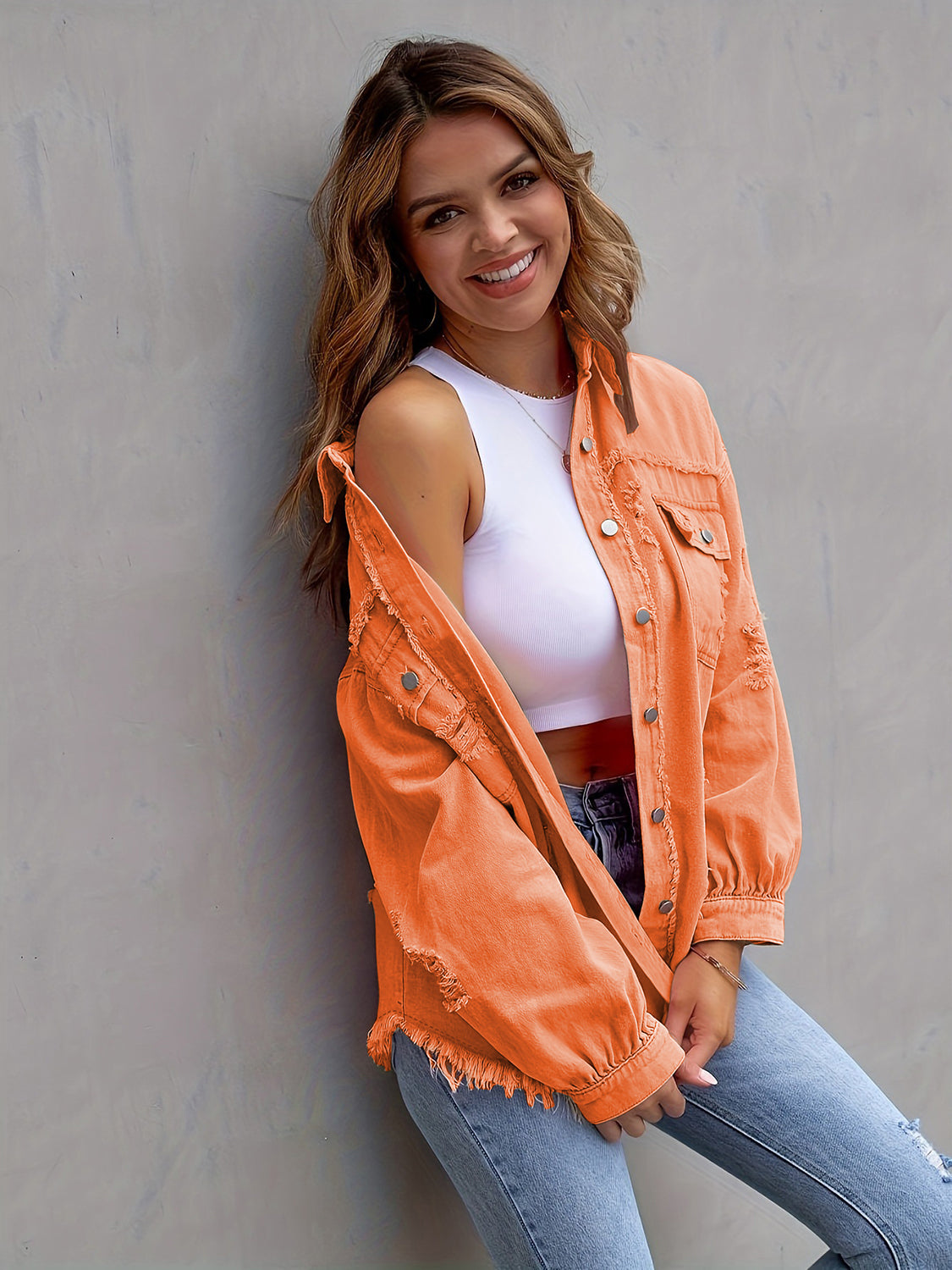 Distressed Drop Shoulder Denim Jacket - Be Bliss Boutique