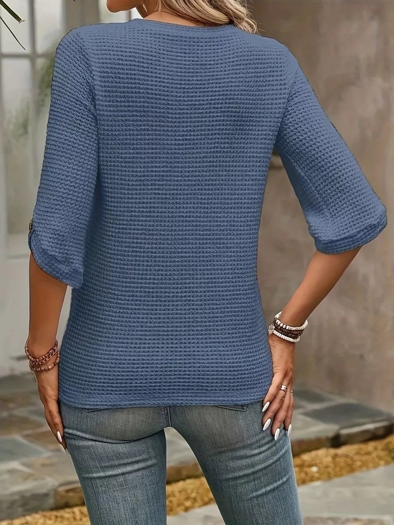 Waffle-Knit Round Neck Knit Top - Be Bliss Boutique