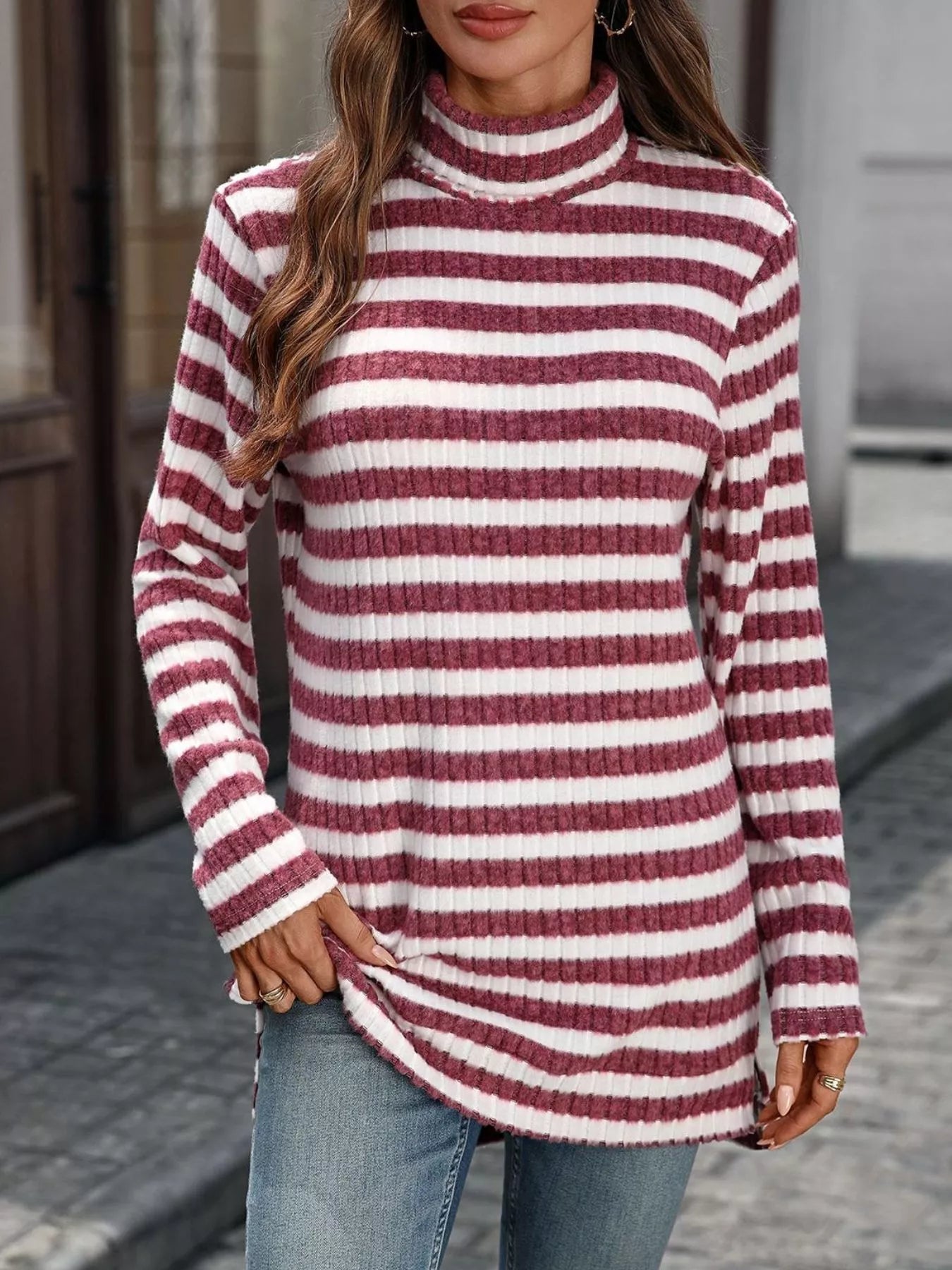 Striped Turtleneck Long Sleeve Knit Top - Be Bliss Boutique