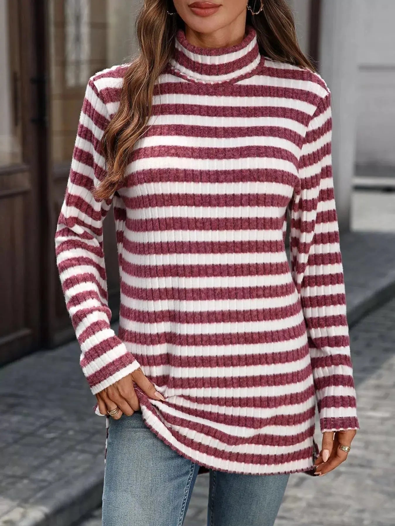 Striped Turtleneck Long Sleeve Knit Top - Be Bliss Boutique