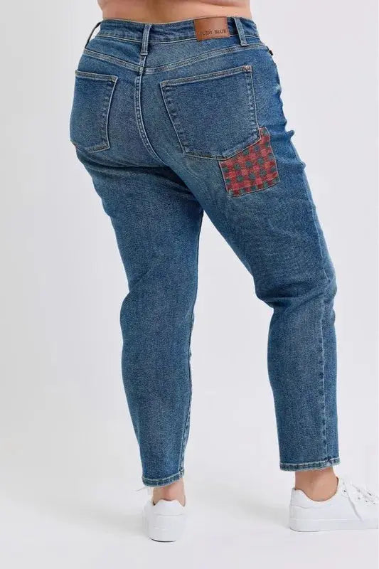 Plus Size High Waist Plaid Patch Slim Fit Judy Blue Jeans - Be Bliss Boutique