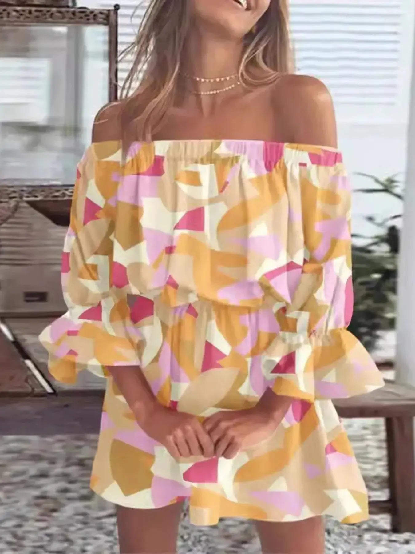 Full Size Floral Off Shoulder Mini Dress with Flounce Sleeves - Be Bliss Boutique