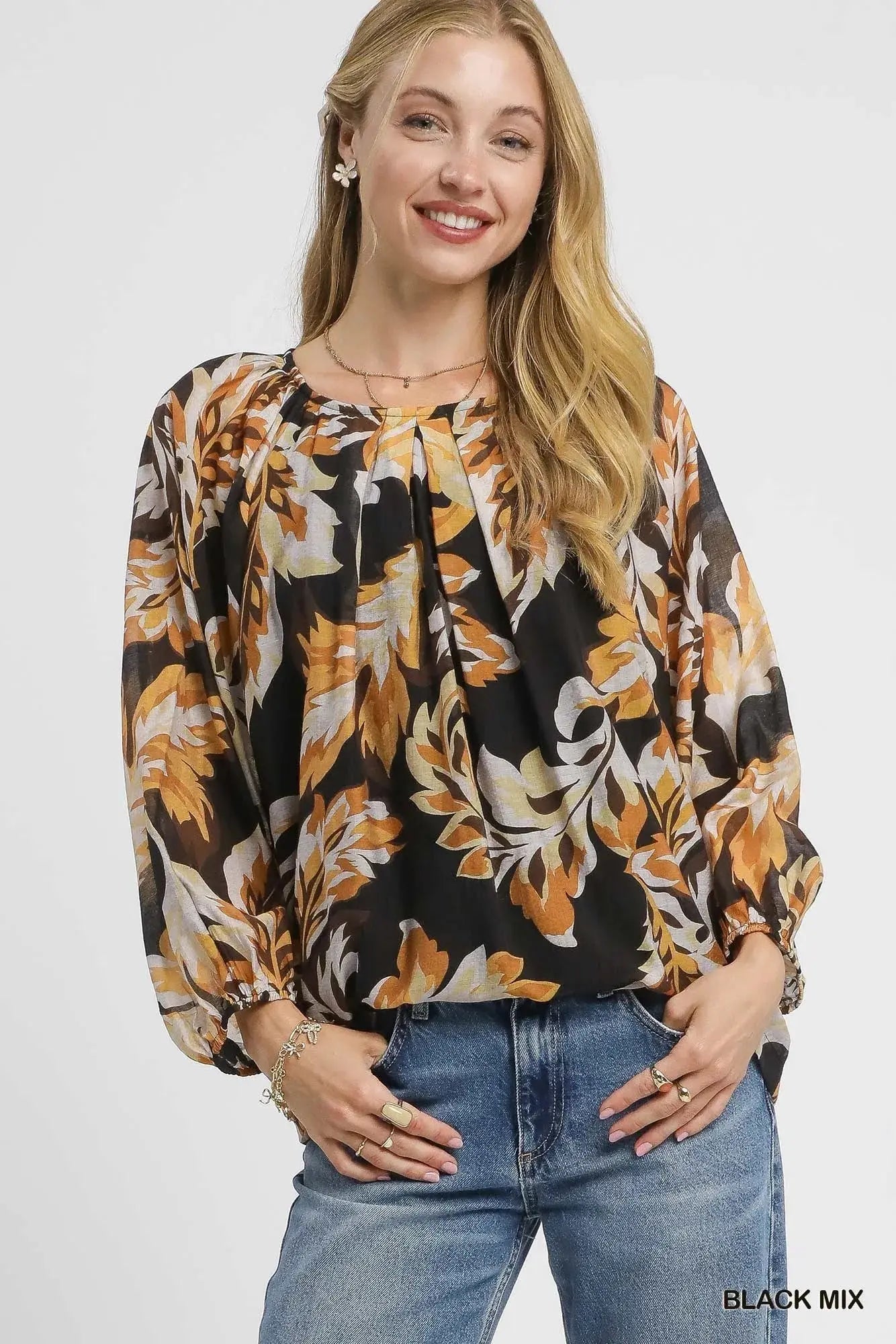 Umgee Autumn Leaf Print Balloon Sleeve Blouse - Be Bliss Boutique