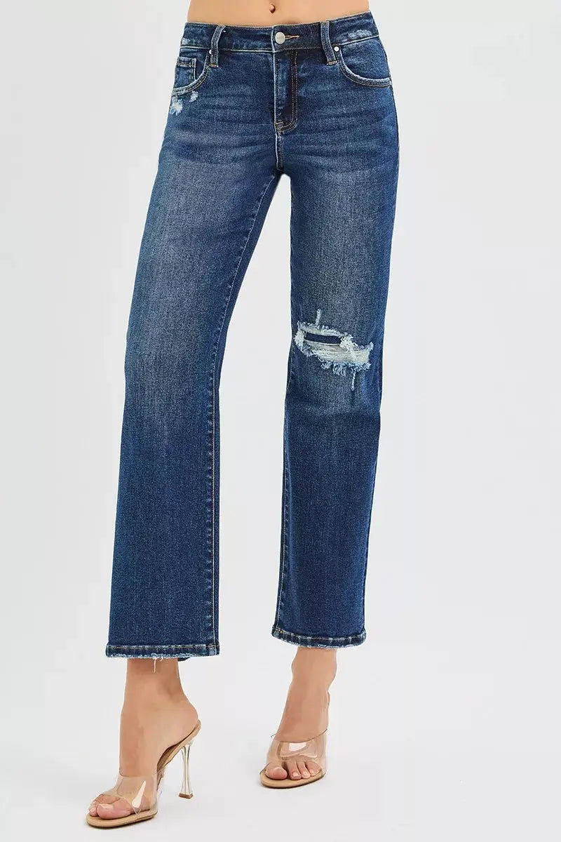 High Rise Crop Slim Straight RISEN Jeans with Hidden Knee Patch - Be Bliss Boutique