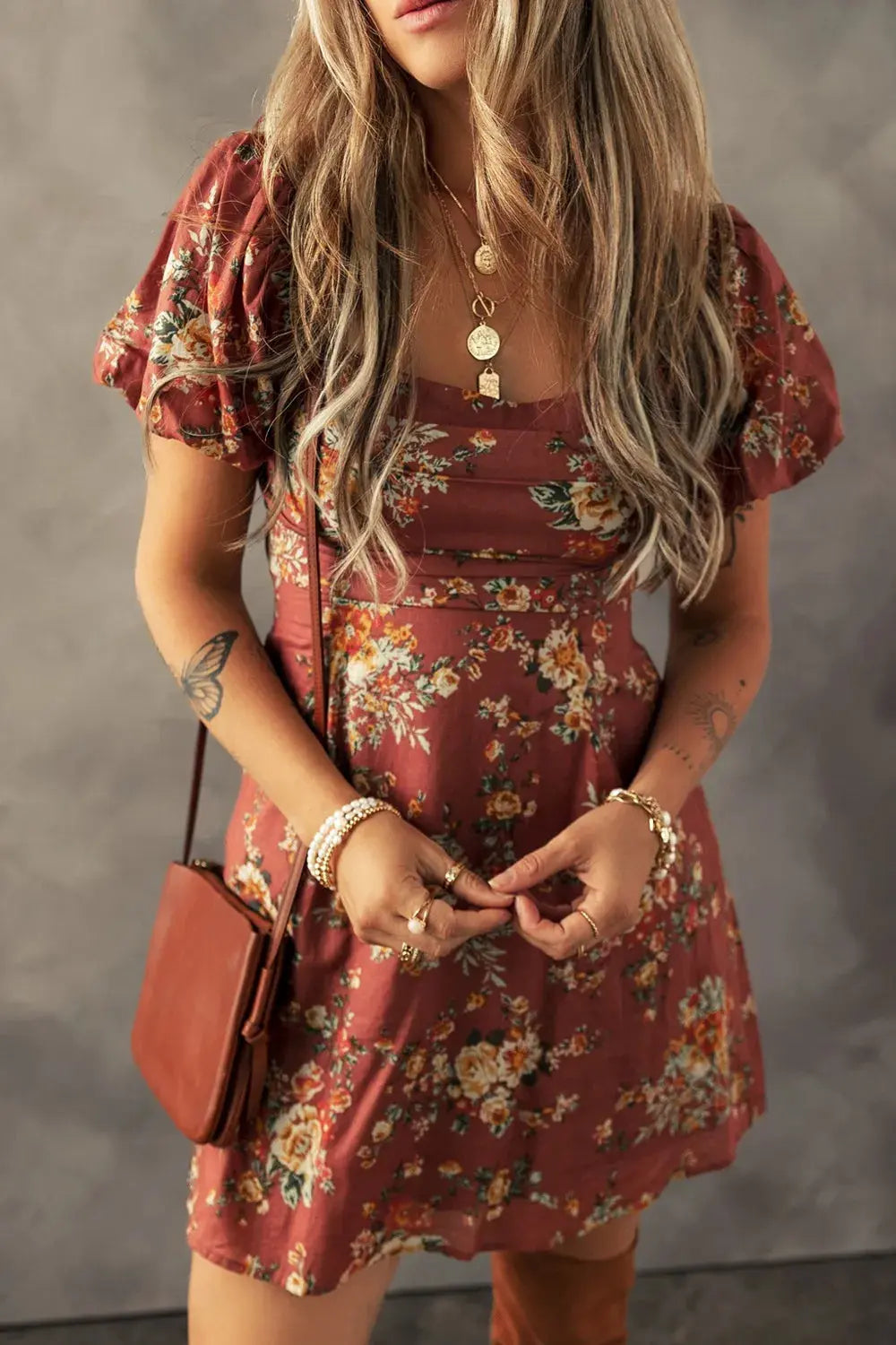 Floral Puff Sleeve Square Neck Knot Open Back Mini Dress - Be Bliss Boutique