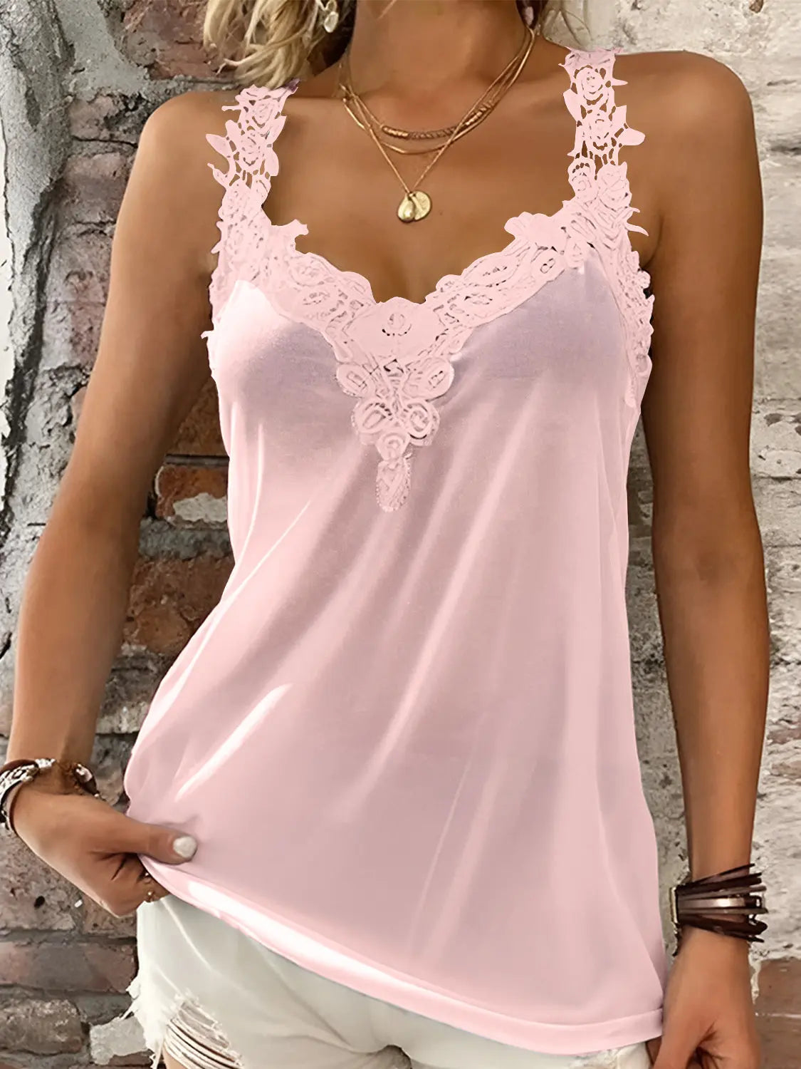 Full Size Lace Detail V-Neck Tank - Be Bliss Boutique