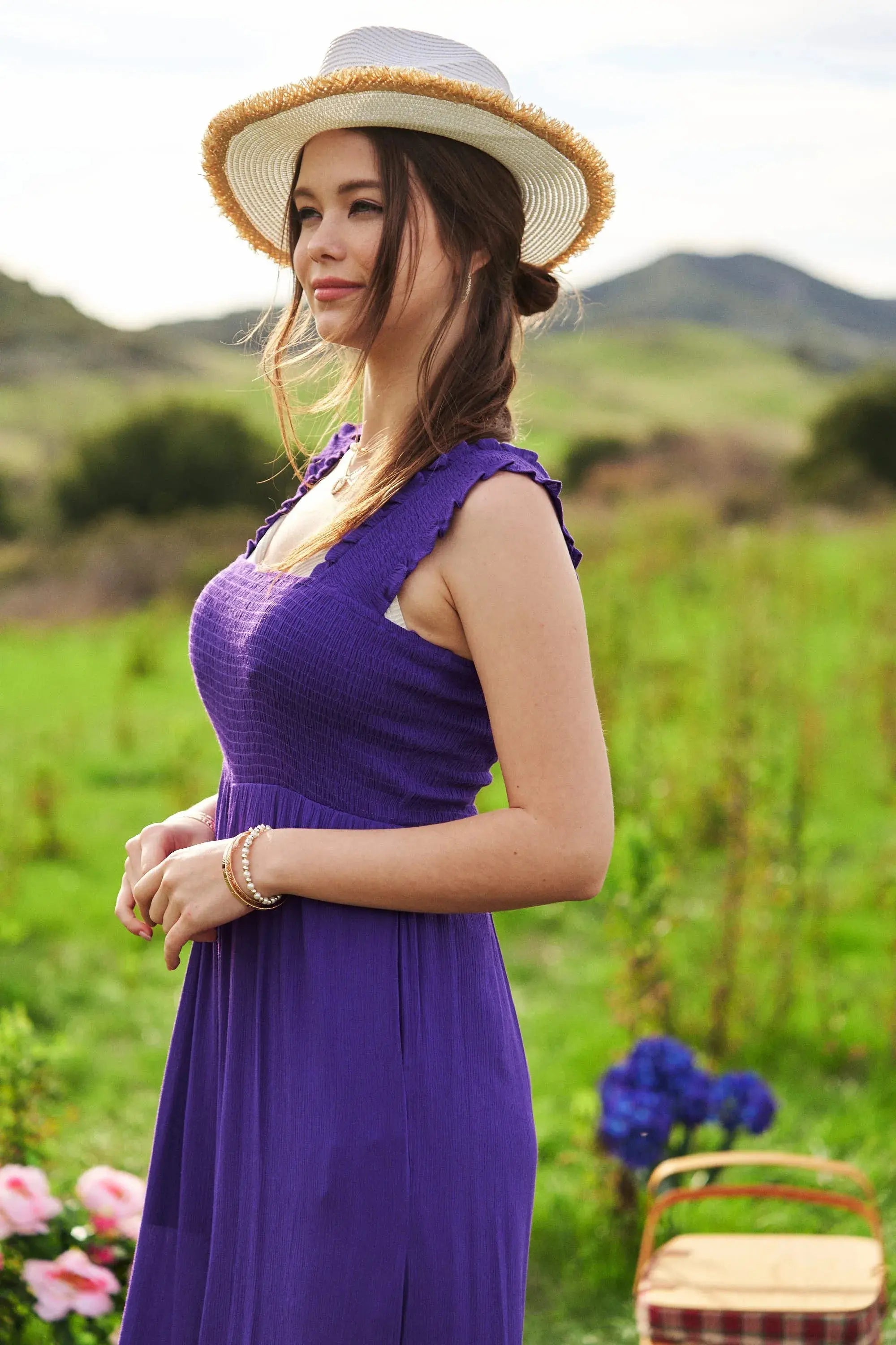 Davi & Dani Smocked Bodice Strap Ruffle Jumpsuit with Belt - Be Bliss Boutique