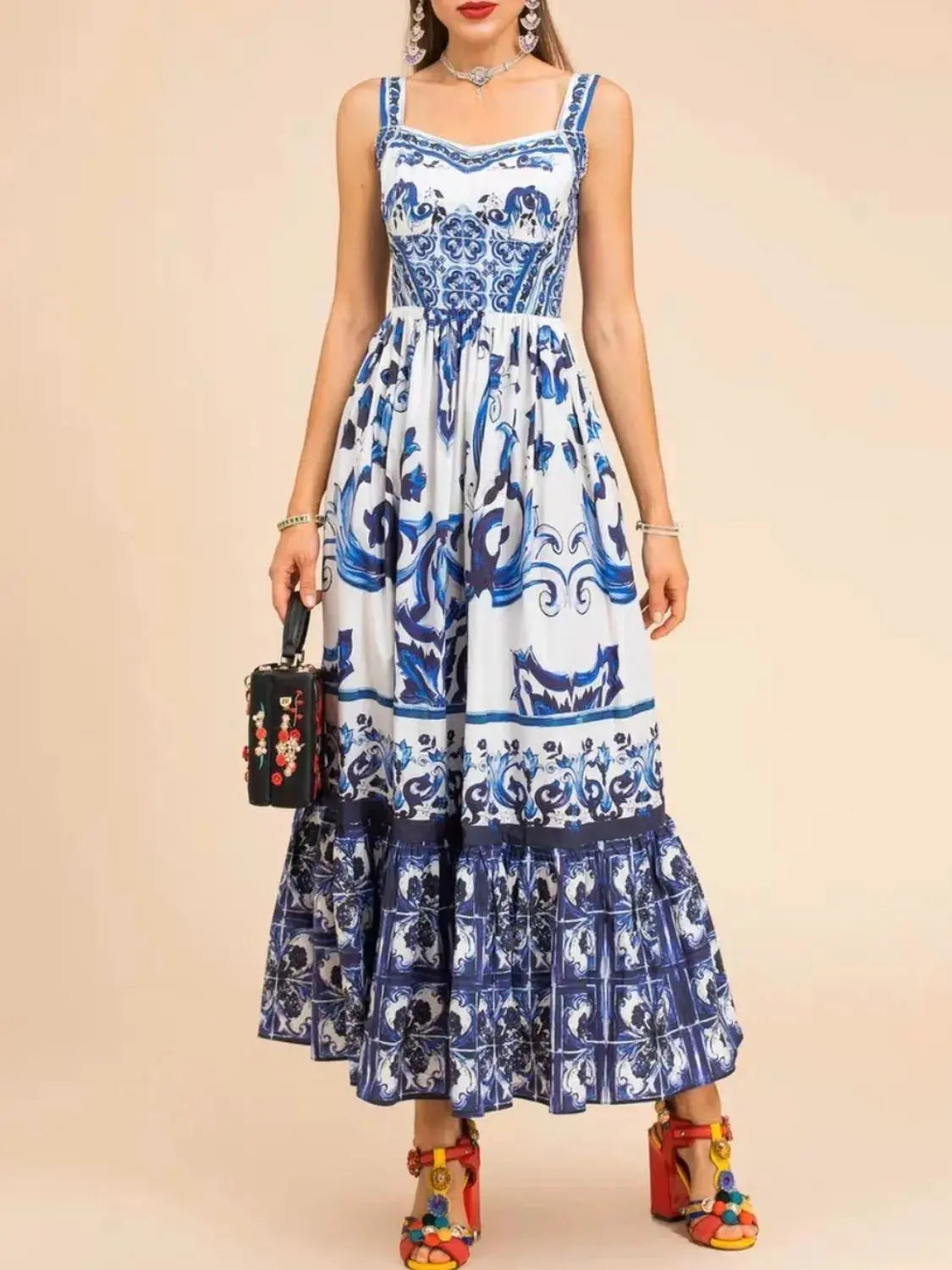 Smocked Blue Tile Print Wide Strap Midi Dress - Be Bliss Boutique