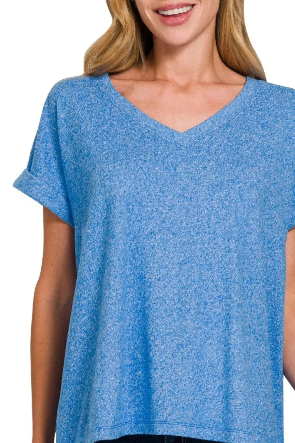 Zenana Soft Melange Hacci V-Neck Rolled Sleeve T Shirt – Blue - Be Bliss Boutique