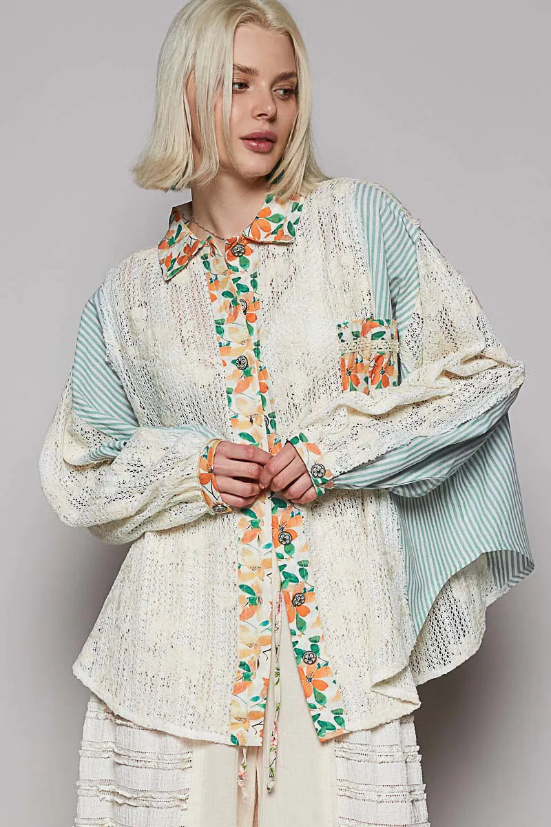POL Sunlit Citrus Patchwork Lace Button Down Shirt - Be Bliss Boutique