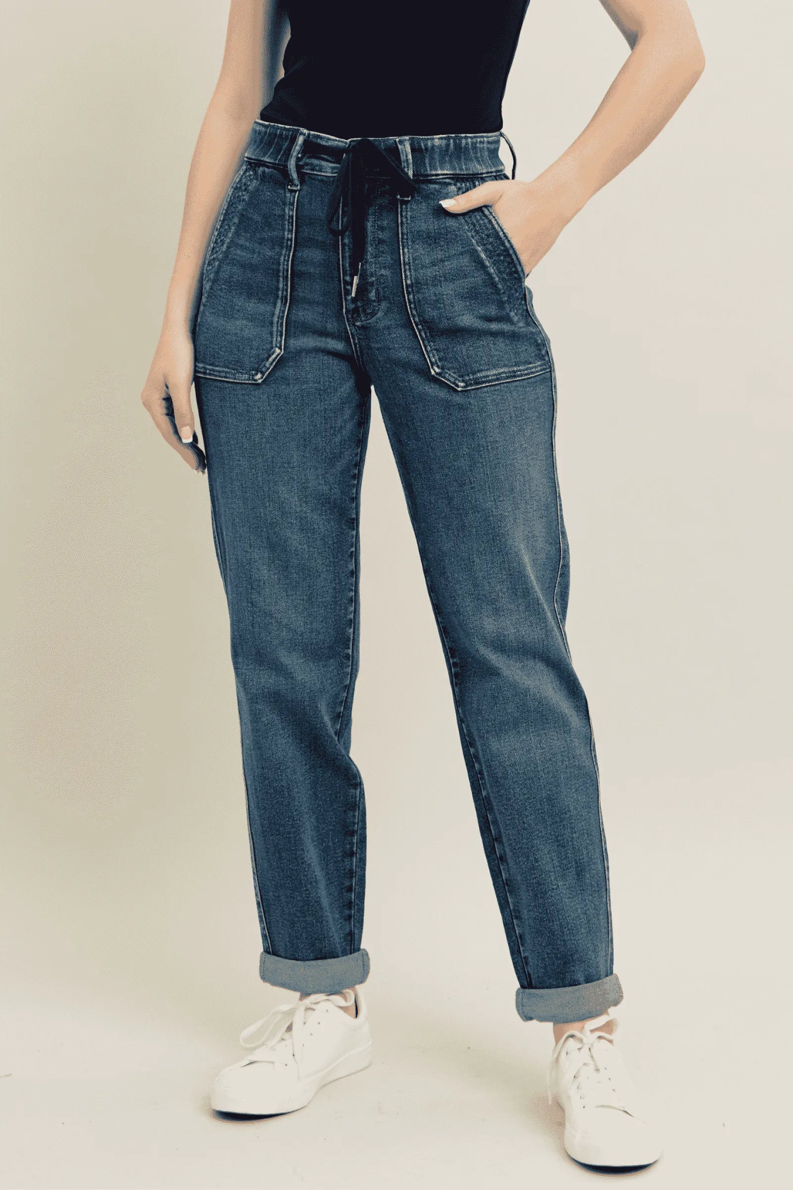 Judy Blue Jeans - Full Size HW Vintage Wash Jeans w/ Drawstring - Be Bliss Boutique