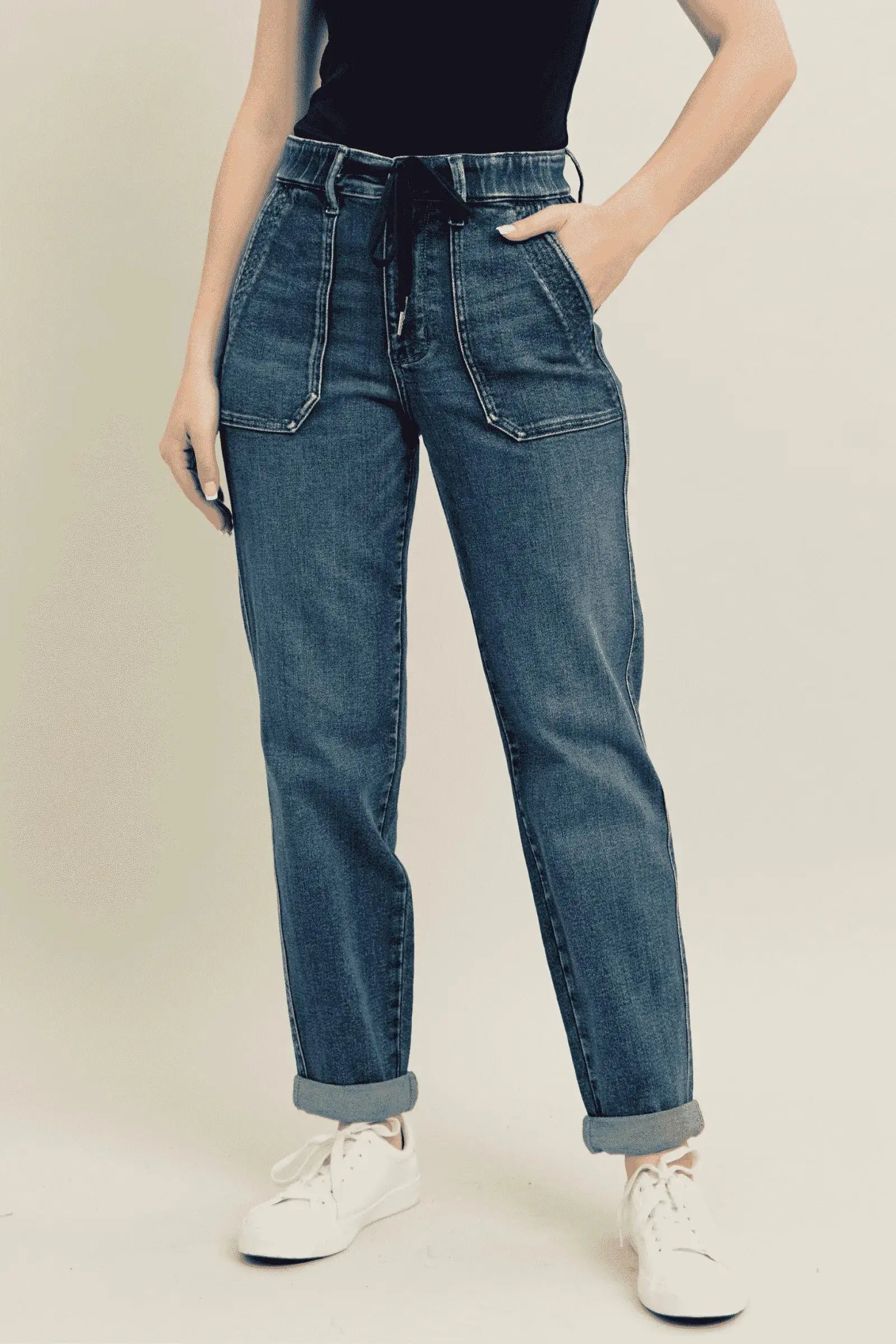 Judy Blue Jeans - Full Size HW Vintage Wash Jeans w/ Drawstring - Be Bliss Boutique