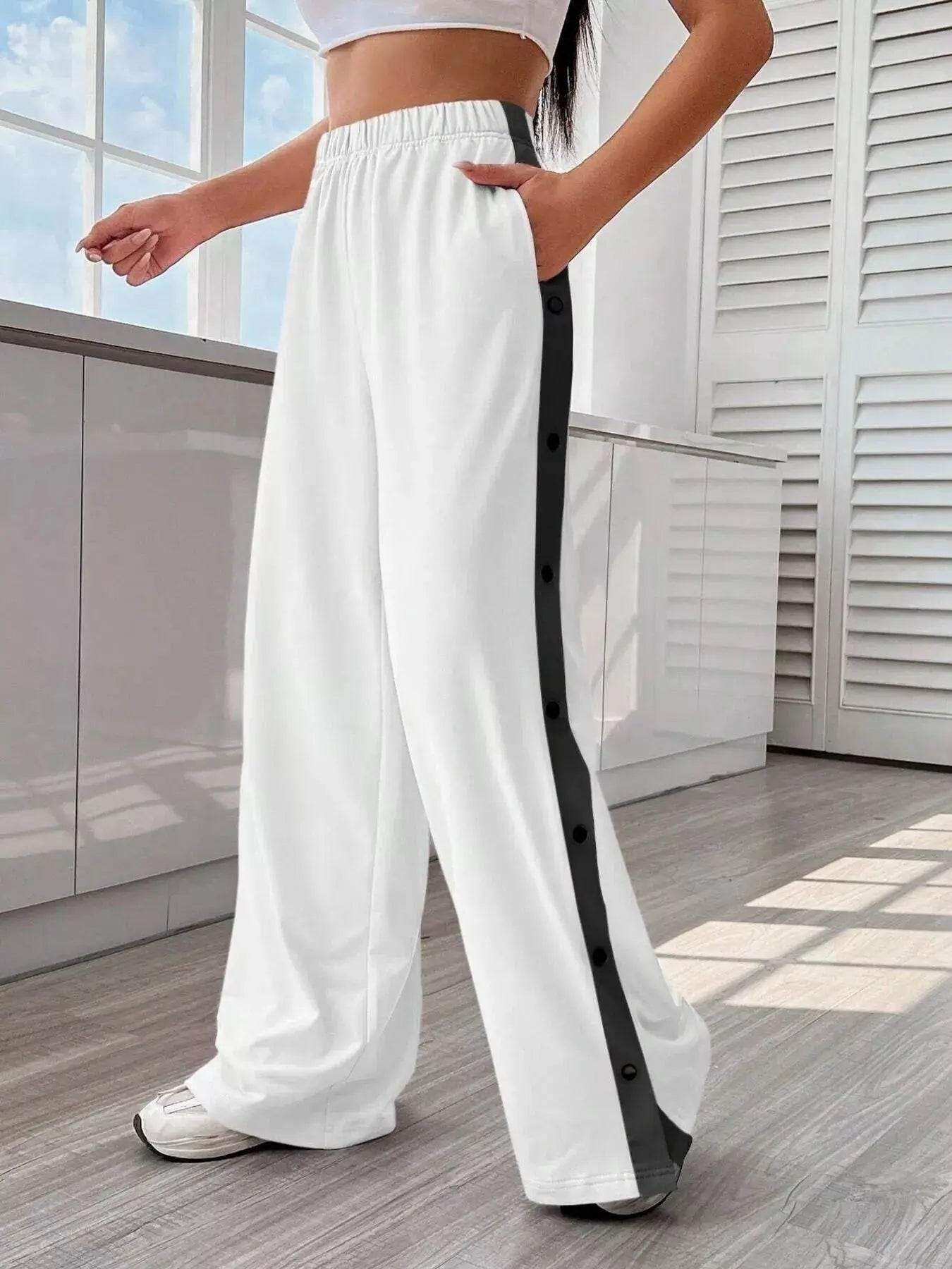 Two-Tone Side Snap Womens Wide Leg Pants - Be Bliss Boutique