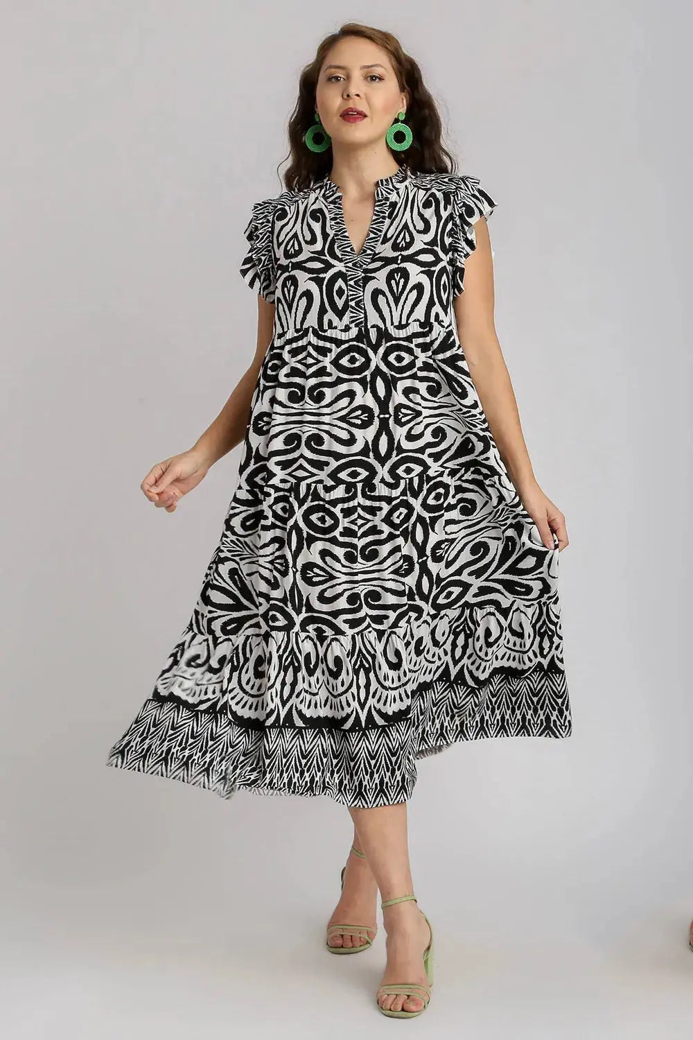 Umgee Two Tone Border Print Ruffle Cap Sleeve Midi Dress – Plus Size - Be Bliss Boutique