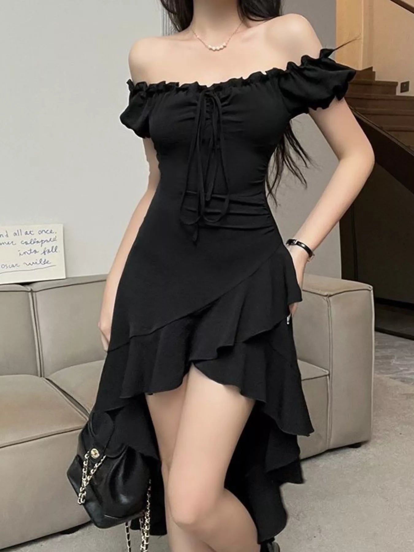 Off-Shoulder Ruffle Hem High Low Dress - Be Bliss Boutique