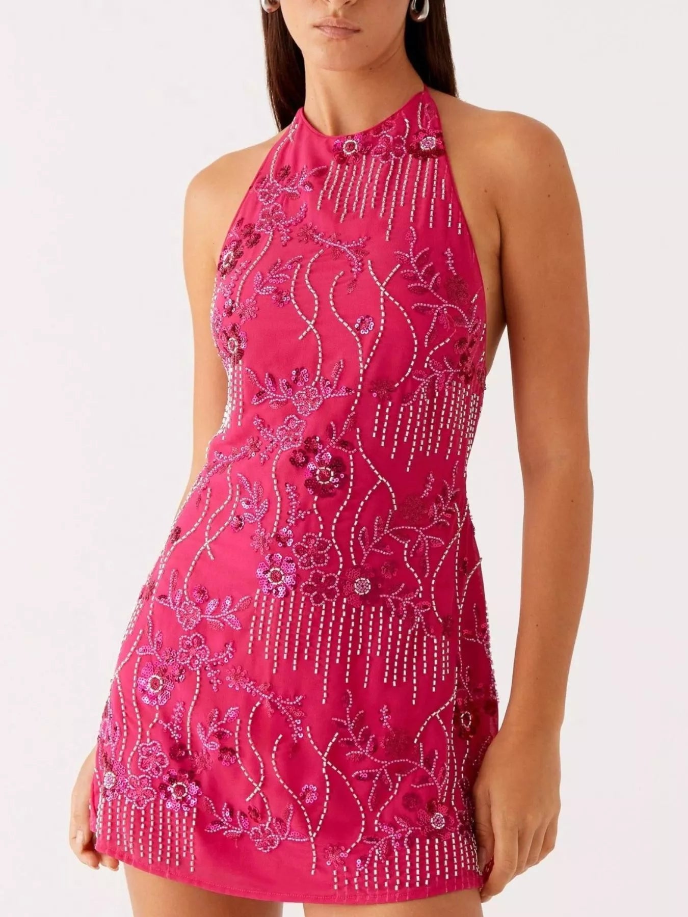 Backless Embroidered Halter Neck Mini Dress - Be Bliss Boutique