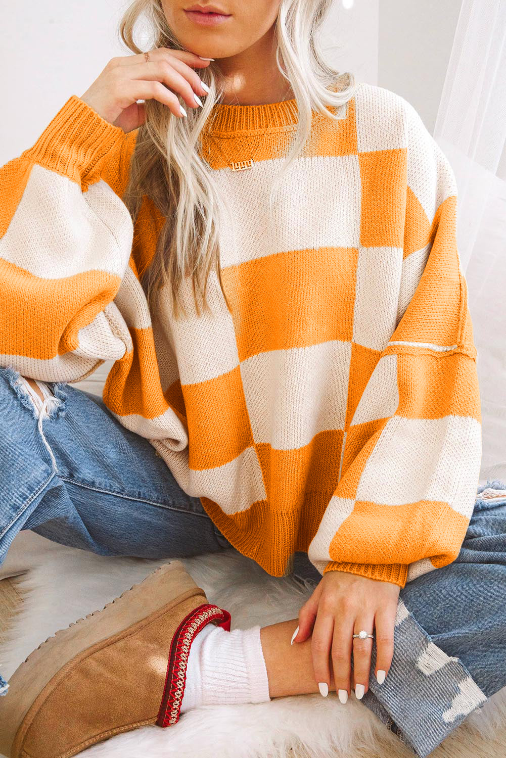 Checkered Bishop Sleeve Sweater - Be Bliss Boutique