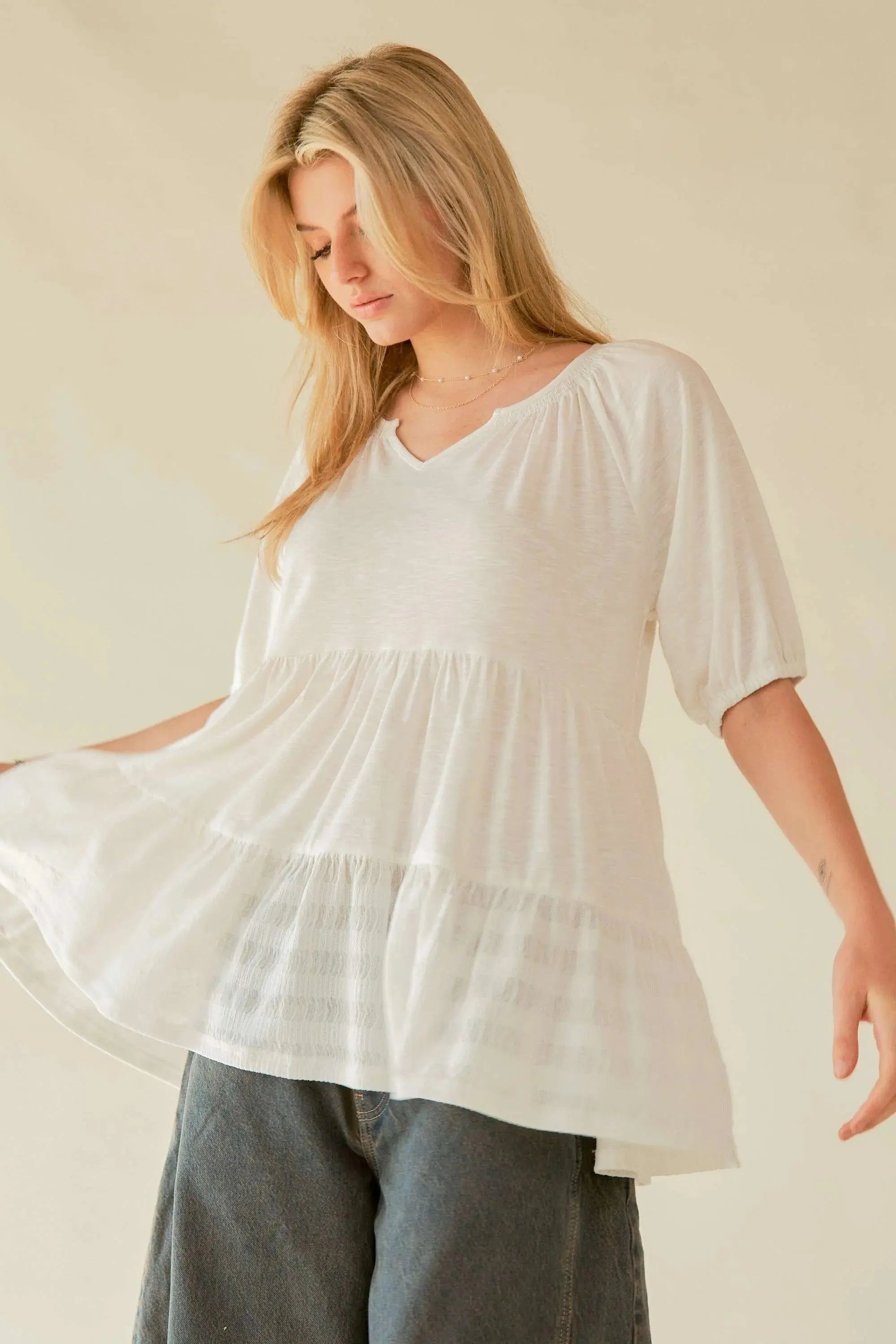 Davi & Dani Ruffled Flared Short Sleeve V Neck Blouse - Be Bliss Boutique