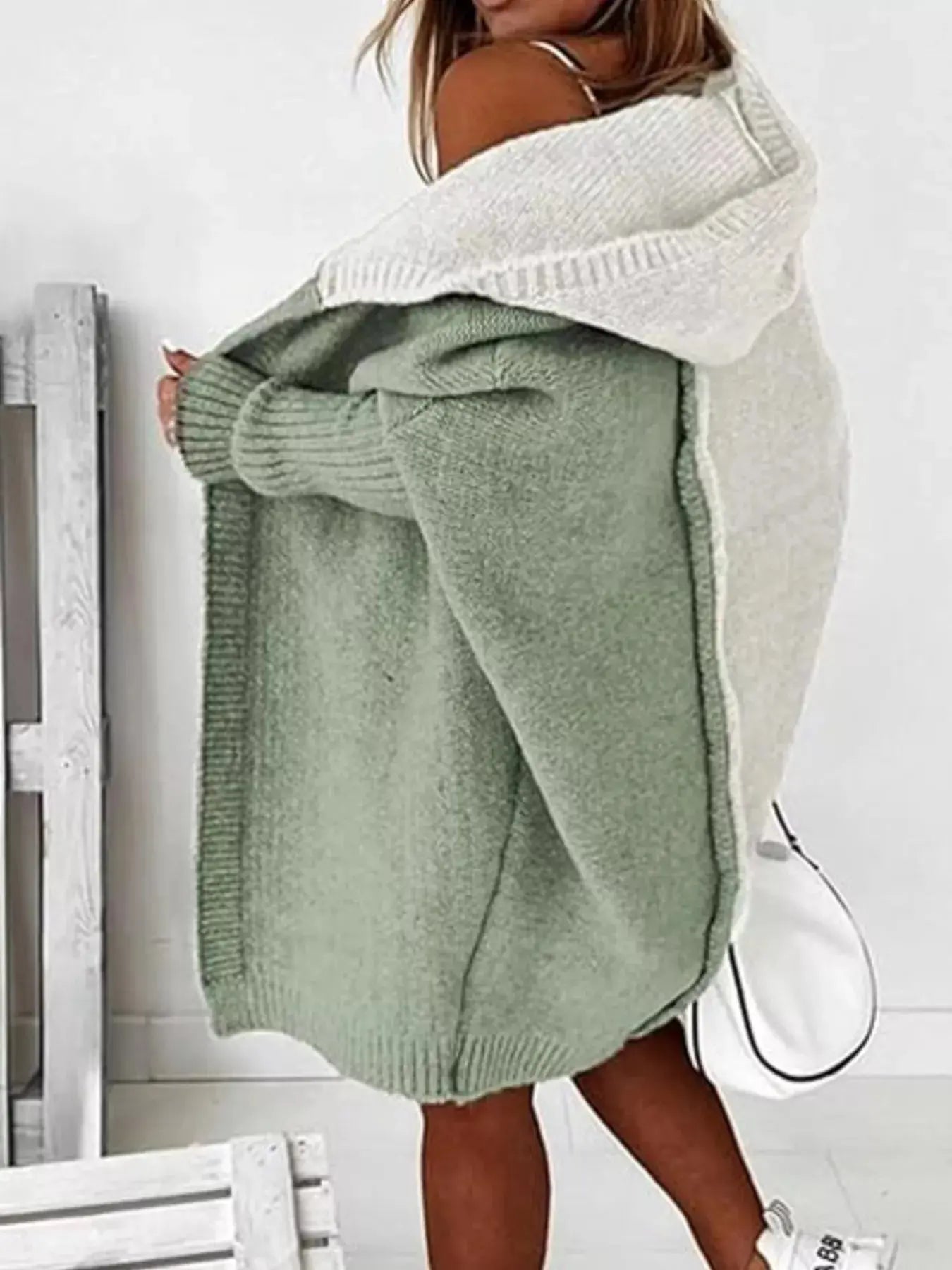 Two-Tone Hooded Open Front Knit Cardigan - Be Bliss Boutique