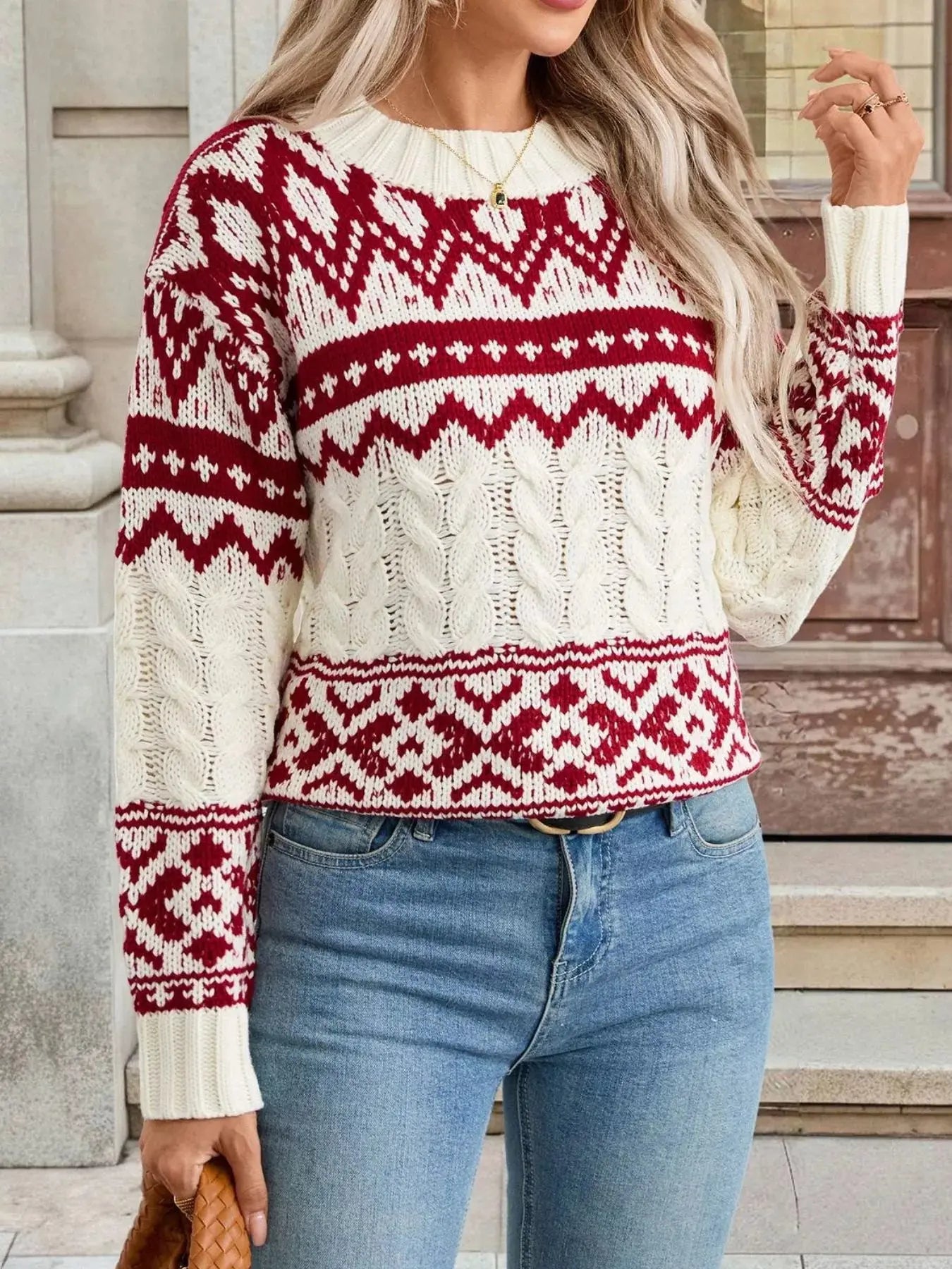 Long Sleeve Cable Knit Christmas Sweater - Be Bliss Boutique