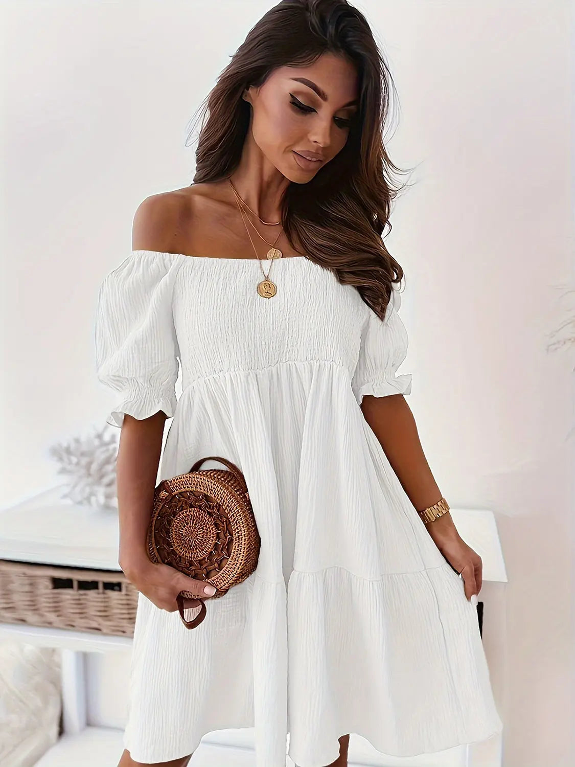 Full Size Ruffled Off Shoulder Short Sleeve Dress - Be Bliss Boutique