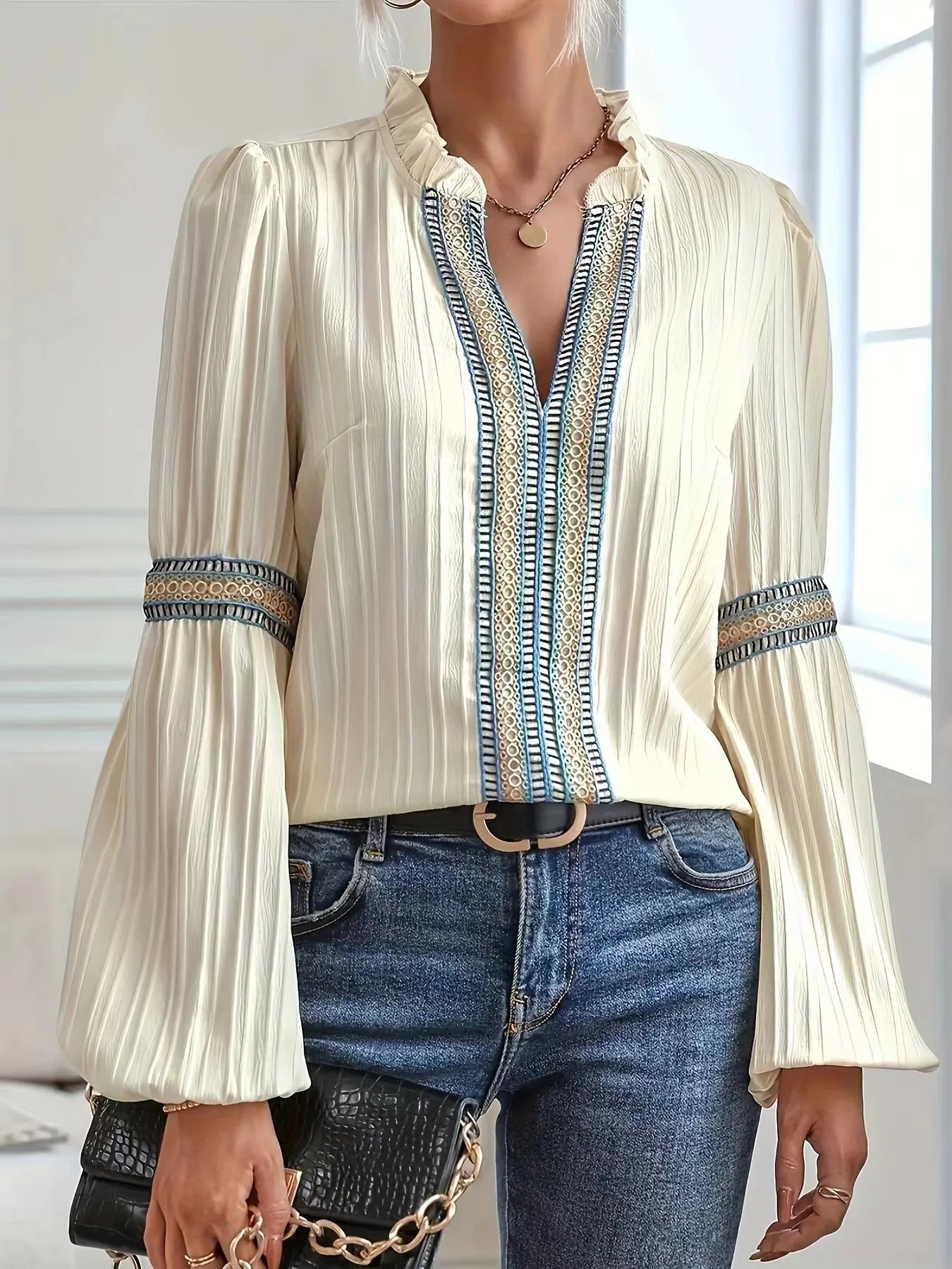 Textured Notched Balloon Sleeve Elegant Blouse - Be Bliss Boutique