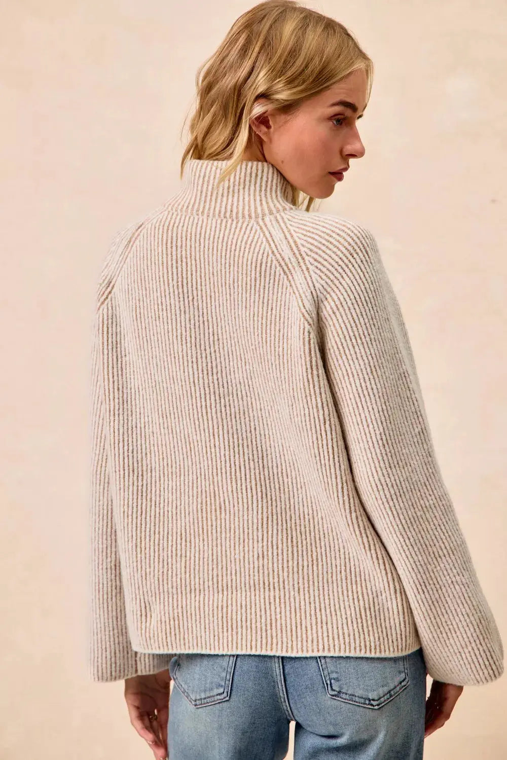 BiBi Two Tone Ribbed Textured Knit Sweater with Zip Up Collar - Be Bliss Boutique