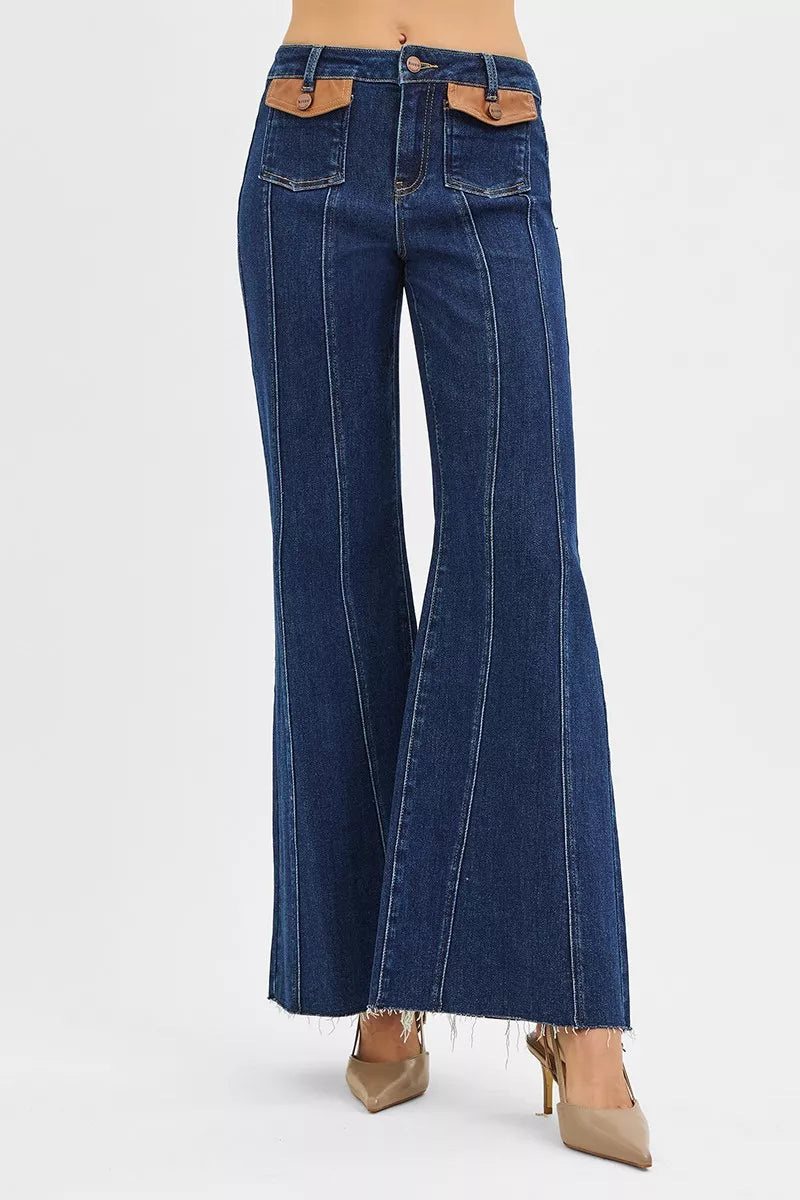 RISEN Jeans - High Rise Wide Flare Jeans with Front Leather Pocket Detail - Be Bliss Boutique