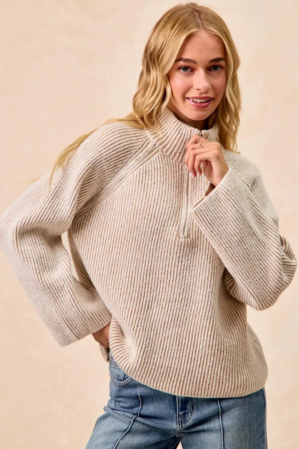 BiBi Two Tone Ribbed Textured Knit Sweater with Zip Up Collar - Be Bliss Boutique