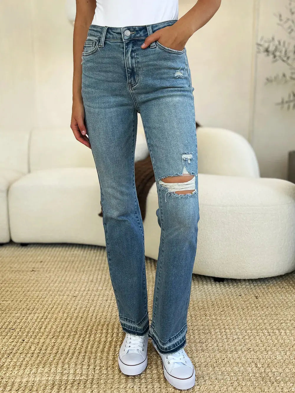 Full Size Mid Rise Destroyed Hem Distressed Judy Blue Jeans - Be Bliss Boutique