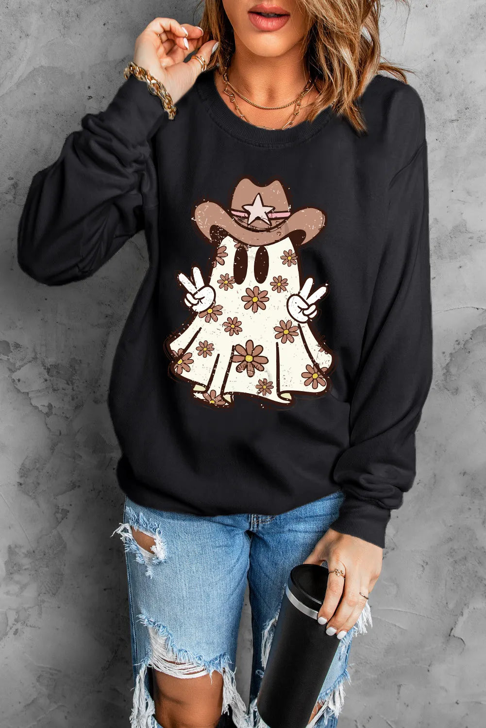 Ghost Round Neck Long Sleeve Sweatshirt -  Be Bliss Boutique